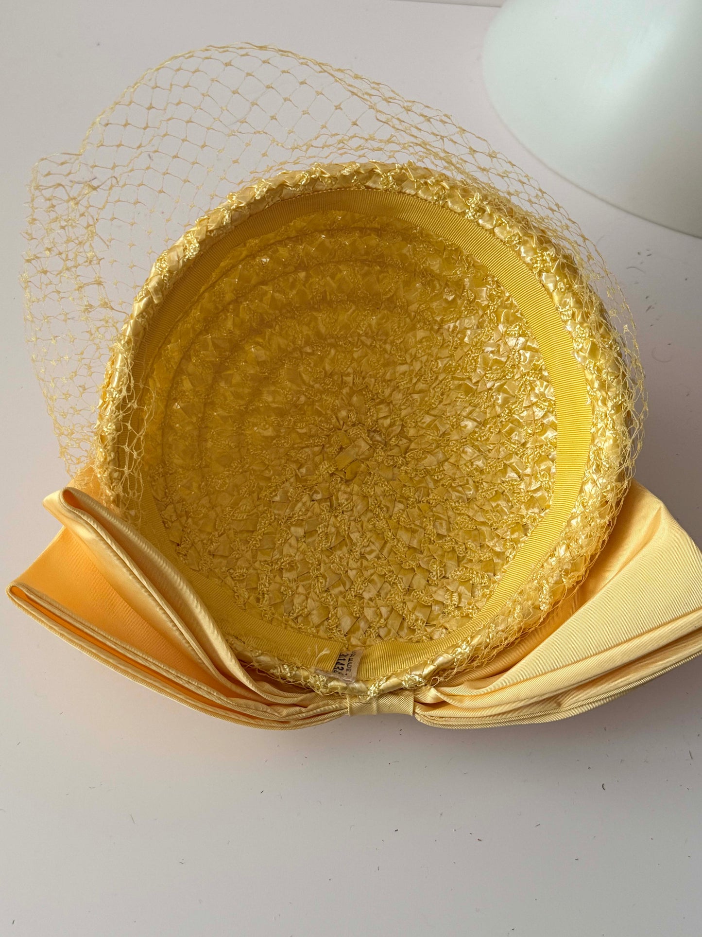 1950s Lemon Yellow Veiled Cocktail Hat Textured Ribbon Straw Mid Century Half Hat Vintage Bridal Spring Hat