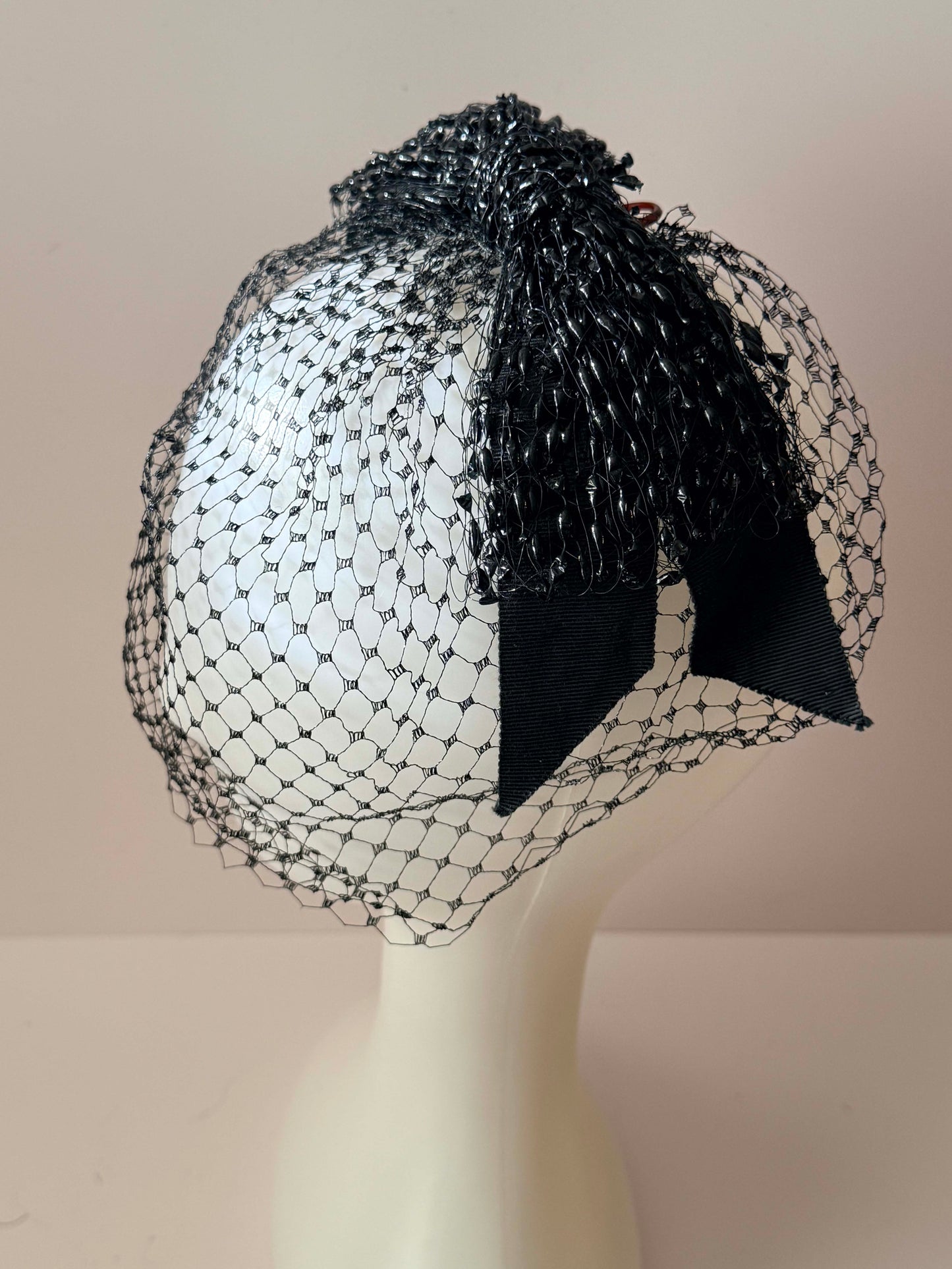1940s Black Veil Fascinator Vintage Net Hat - Pillbox Topper Veil Headpiece Sculptural Bow Accent Classic Mourning Veil Hat