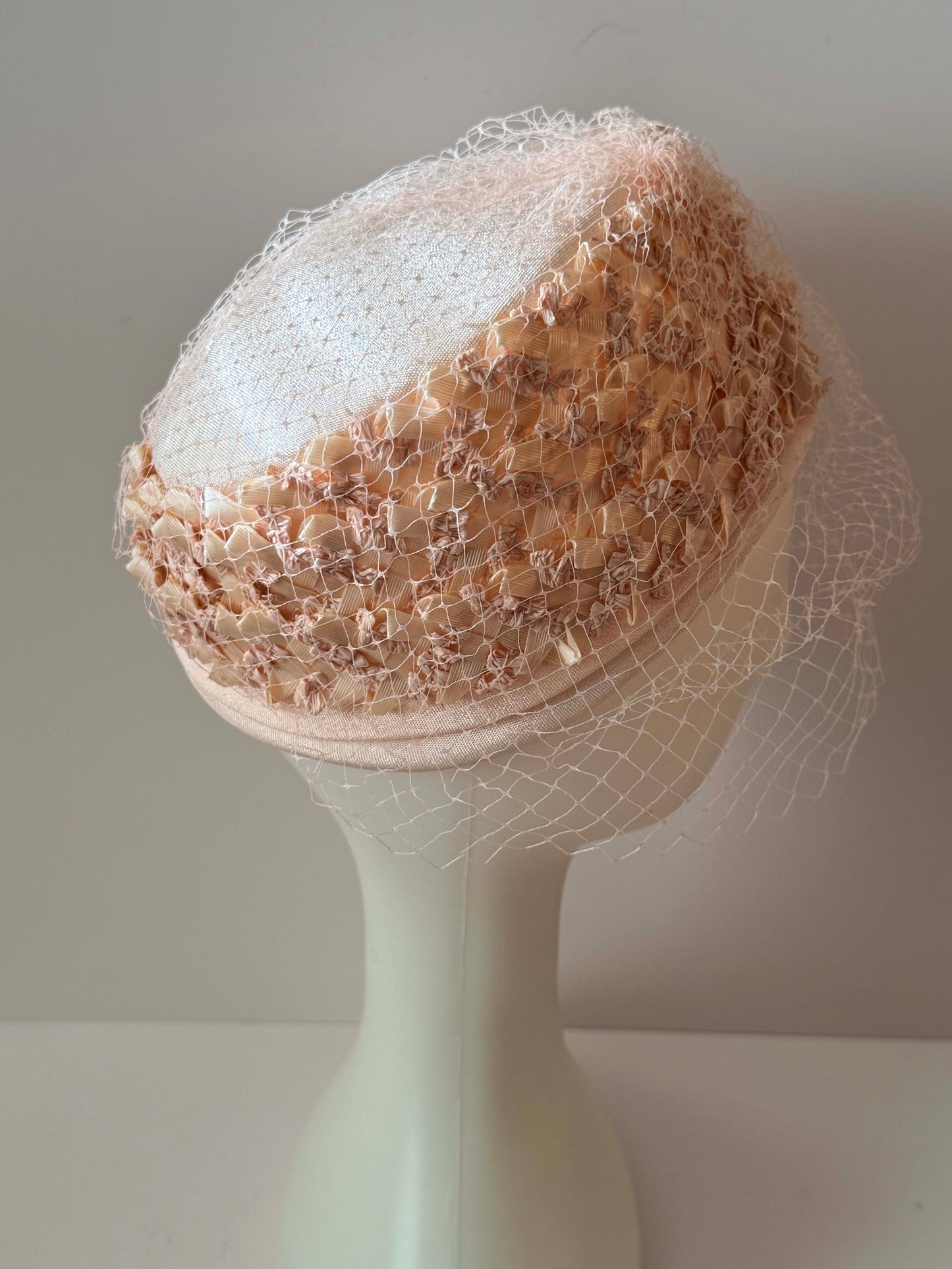 1950s Blush Pink Veiled Cocktail Hat Ribbon Trim Mid Century Half Hat Vintage Bridal Pillbox Soft Netting Headpiece