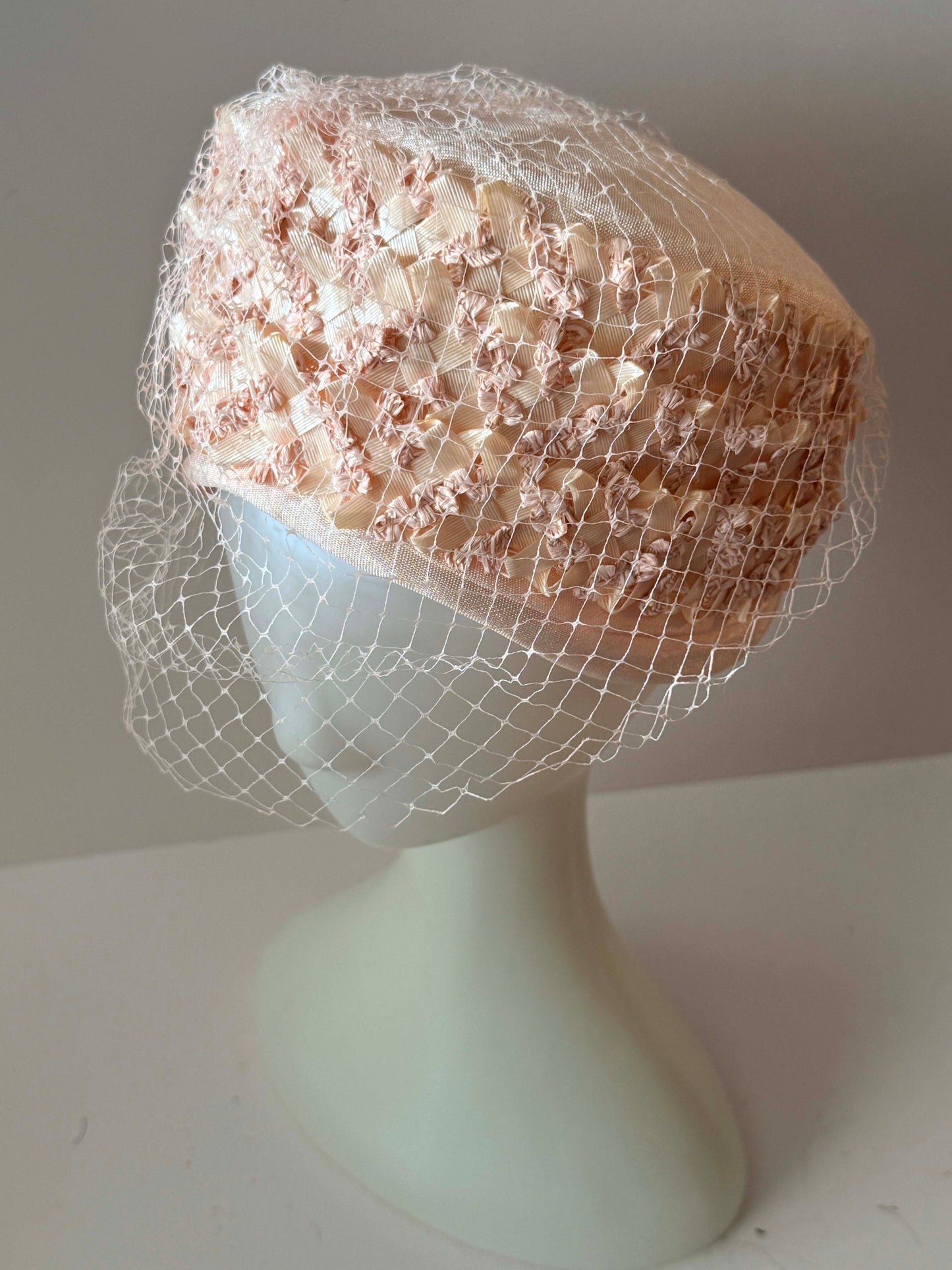 1950s Blush Pink Veiled Cocktail Hat Ribbon Trim Mid Century Half Hat Vintage Bridal Pillbox Soft Netting Headpiece