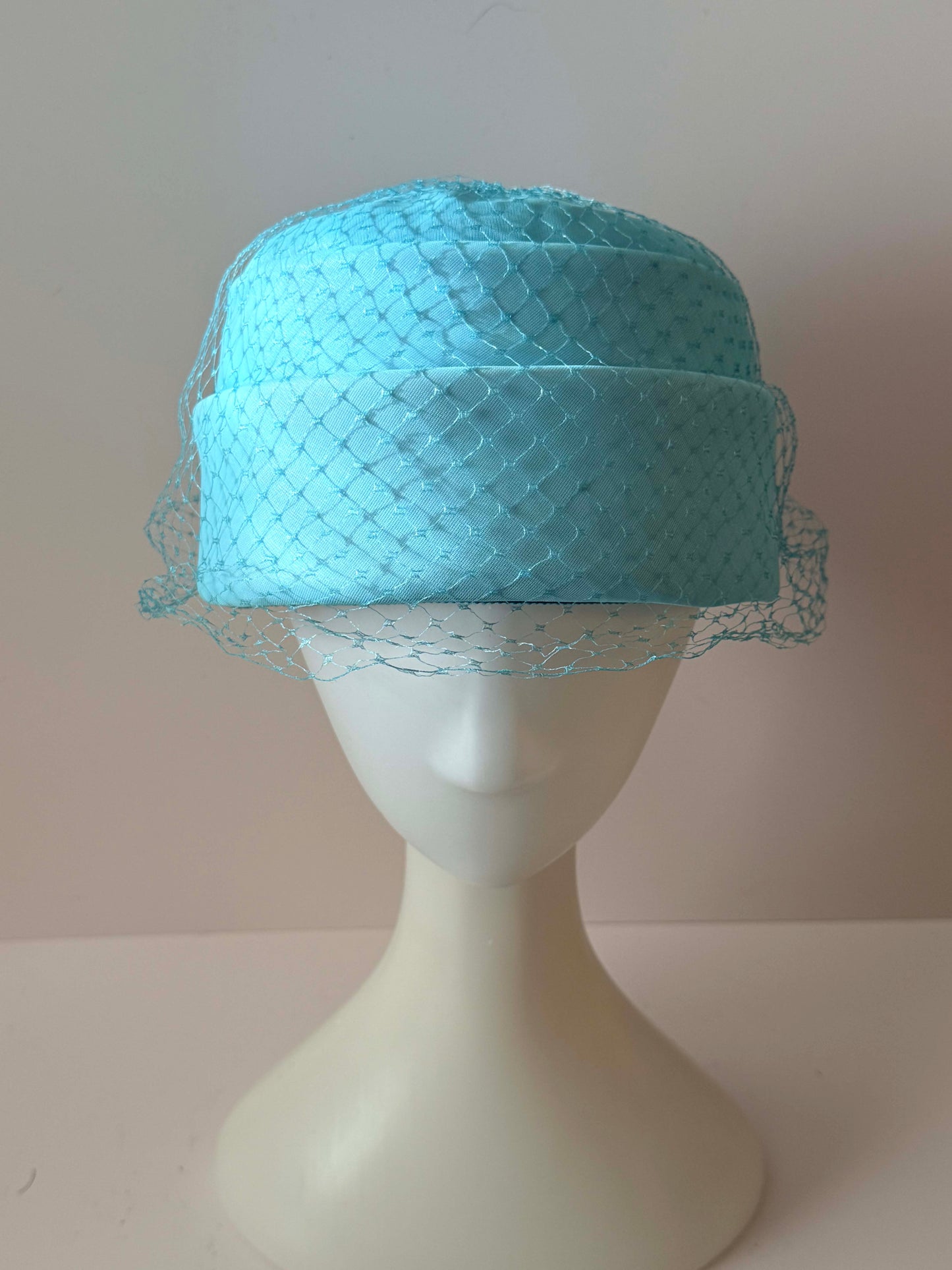 1950s Aqua Blue Veiled Pillbox Hat Mid Century Cocktail Hat Structured Crown Vintage Bridal Something Blue Headpiece