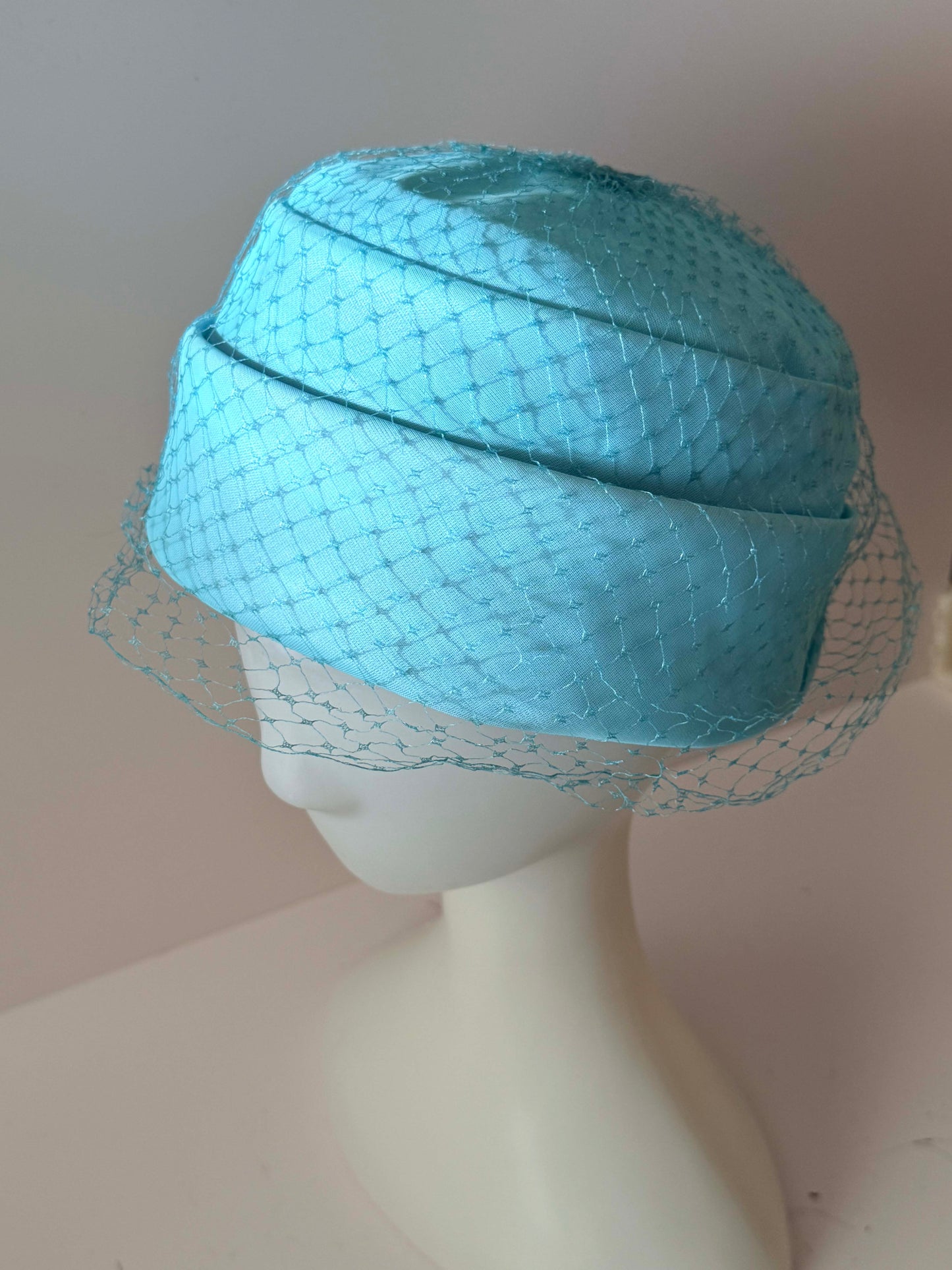 1950s Aqua Blue Veiled Pillbox Hat Mid Century Cocktail Hat Structured Crown Vintage Bridal Something Blue Headpiece