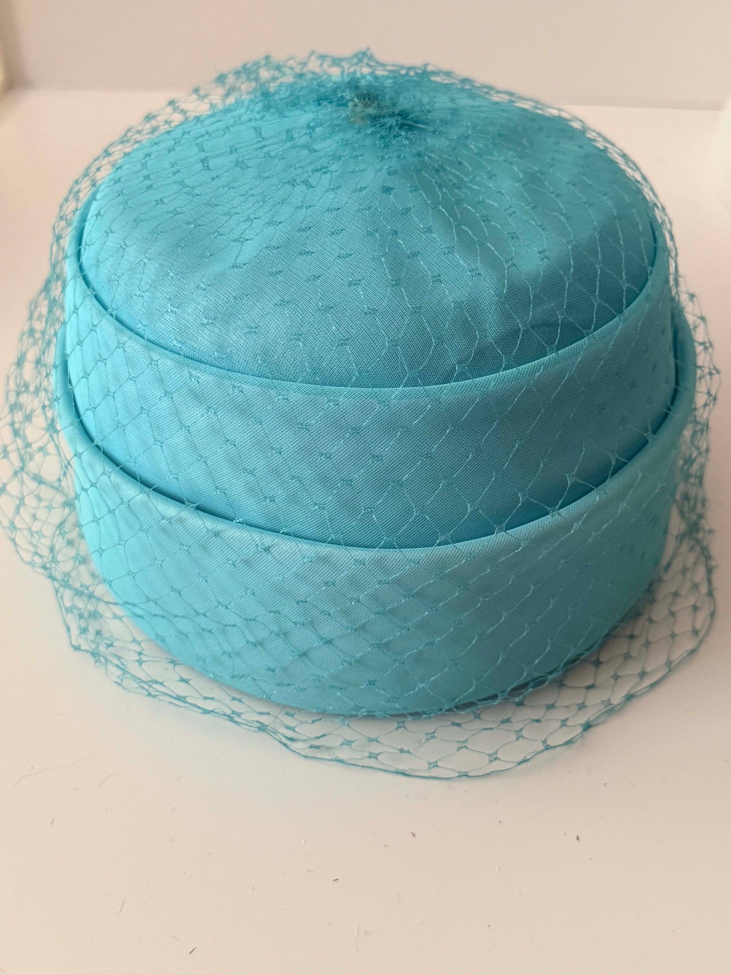 1950s Aqua Blue Veiled Pillbox Hat Mid Century Cocktail Hat Structured Crown Vintage Bridal Something Blue Headpiece