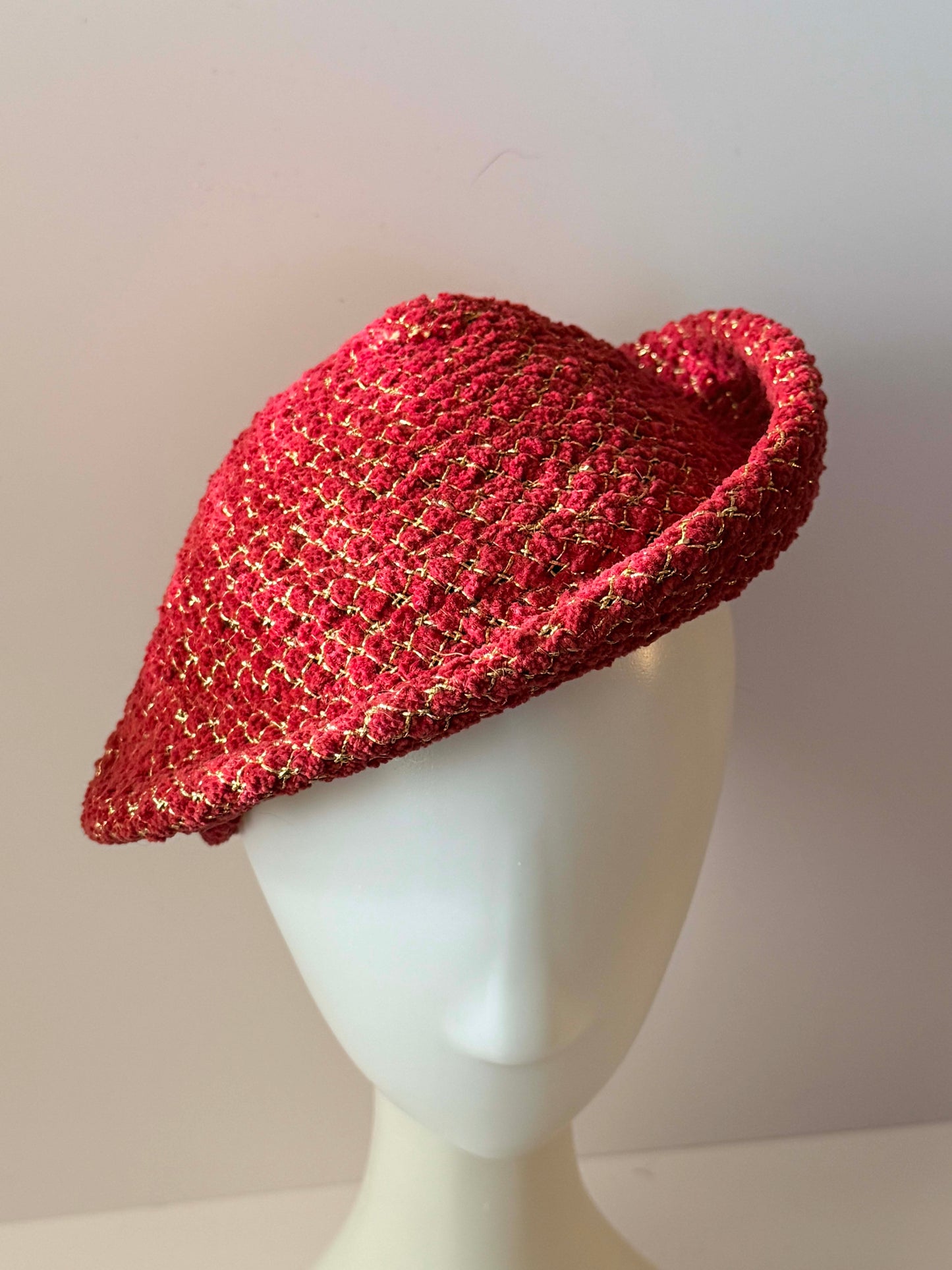 Vintage 1960s Gage New York Red Bouclé Hat / Gold Thread Cloche / Couture Holiday Statement Hat