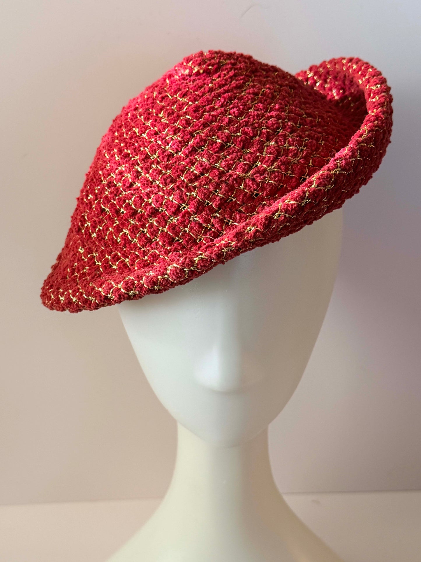 Vintage 1960s Gage New York Red Bouclé Hat / Gold Thread Cloche / Couture Holiday Statement Hat