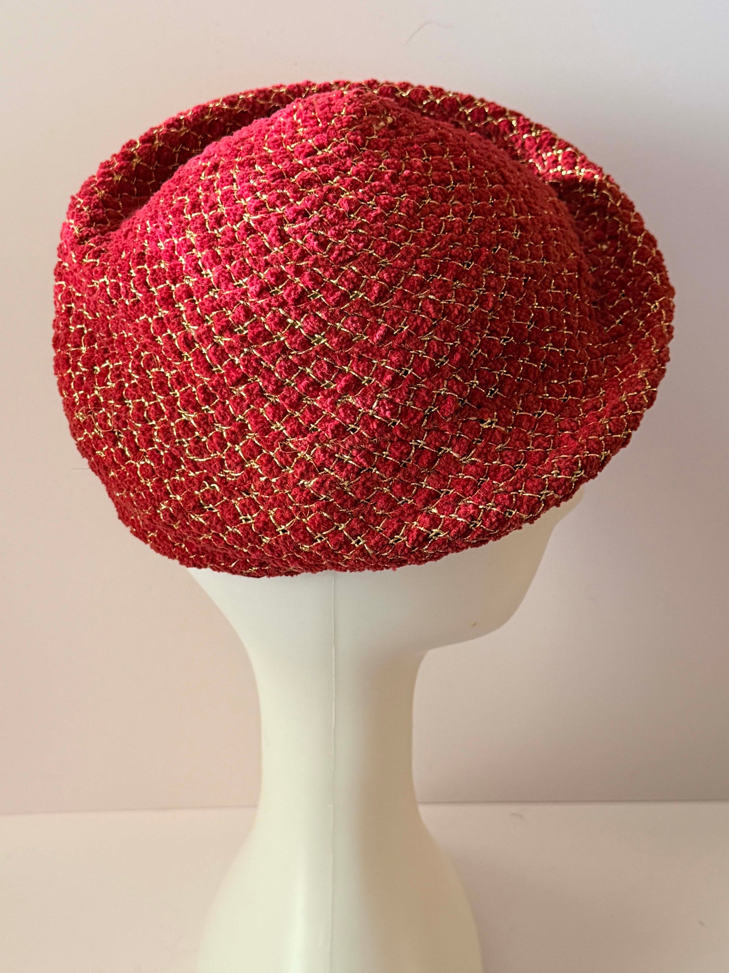 Vintage 1960s Gage New York Red Bouclé Hat / Gold Thread Cloche / Couture Holiday Statement Hat