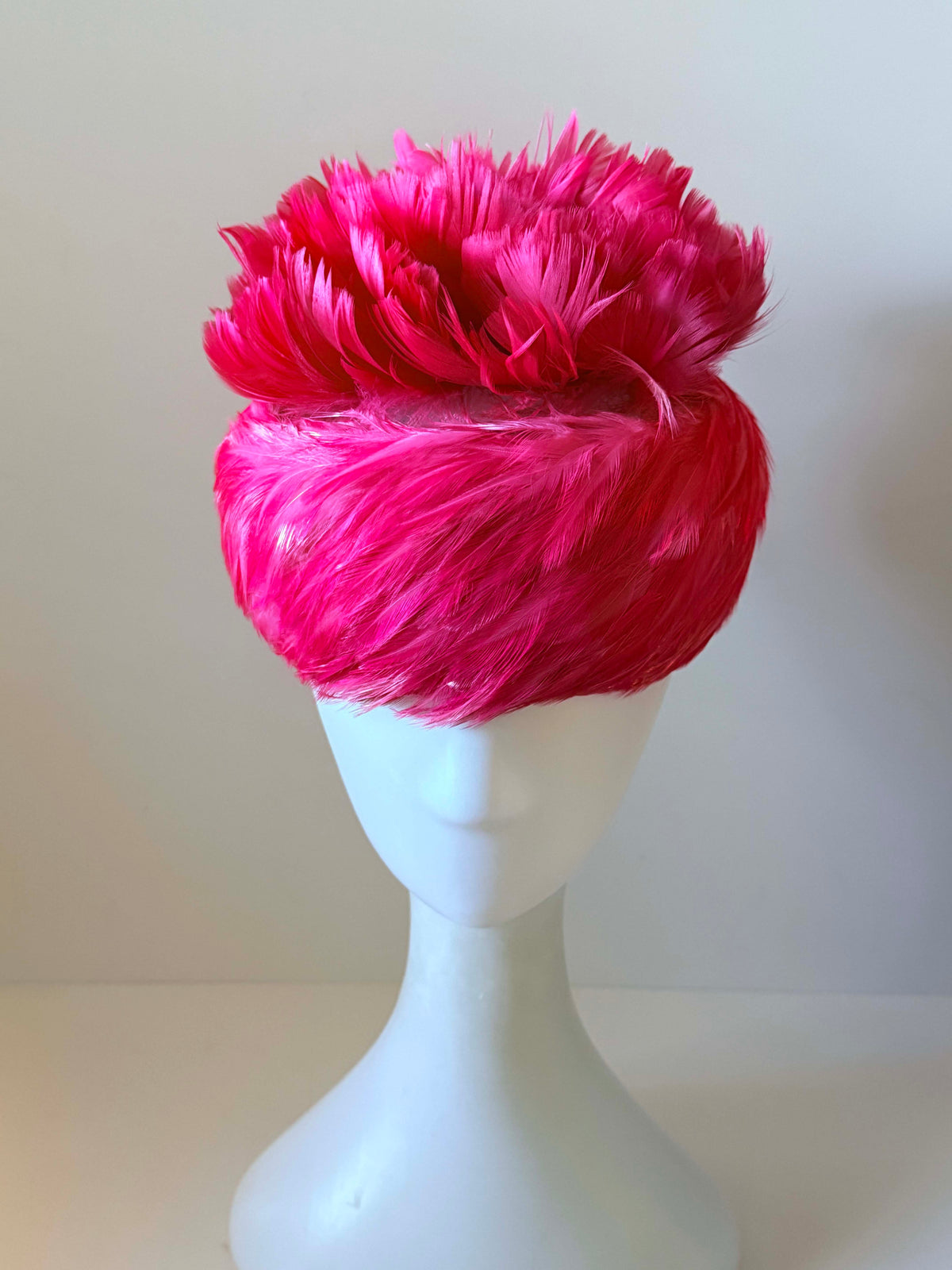 Vintage 1950s Hot Pink Feather Turban Hat Fuchsia Statement Cocktail Hat Mid Century Women's Millinery