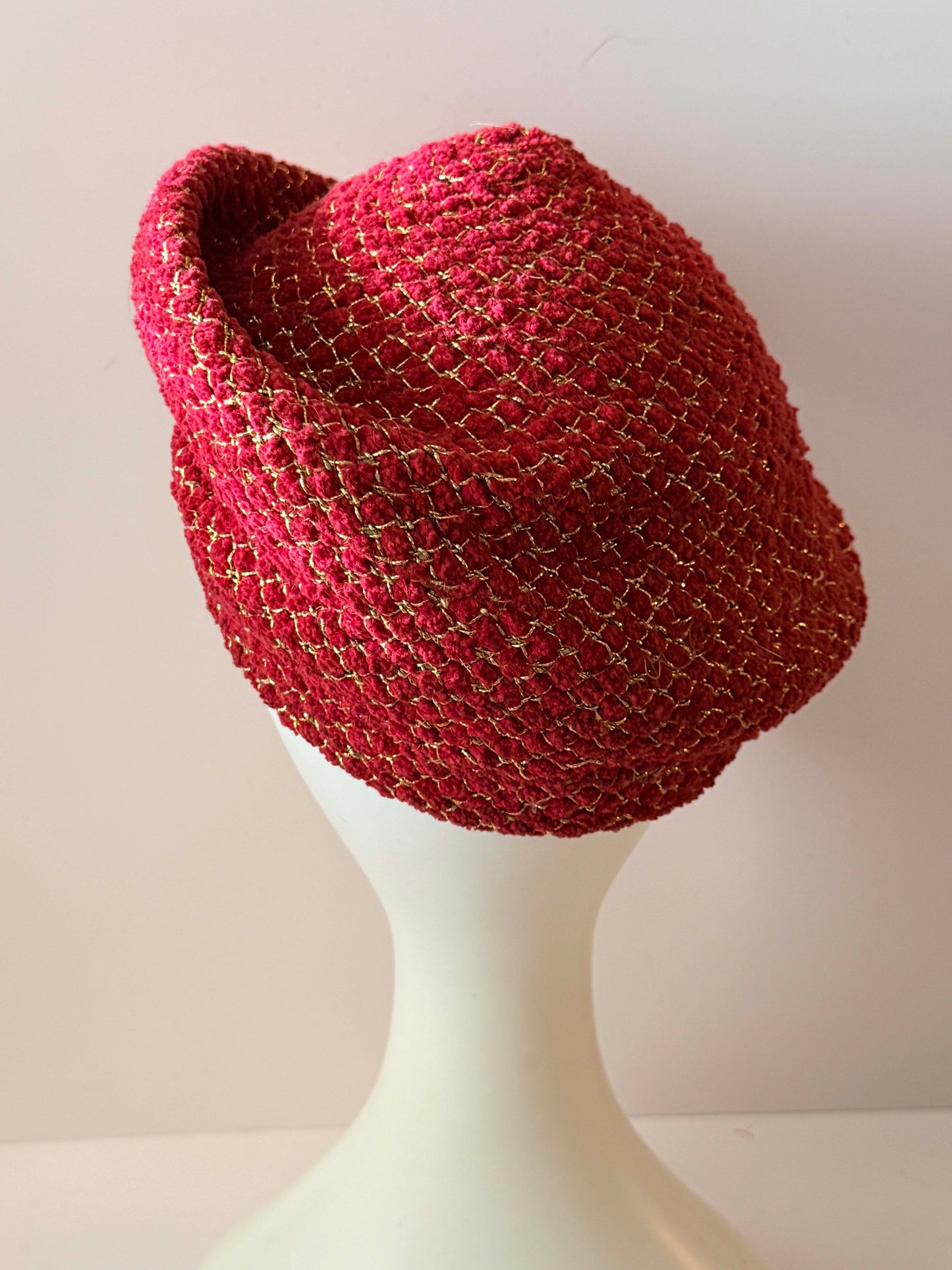 Vintage 1960s Gage New York Red Bouclé Hat / Gold Thread Cloche / Couture Holiday Statement Hat