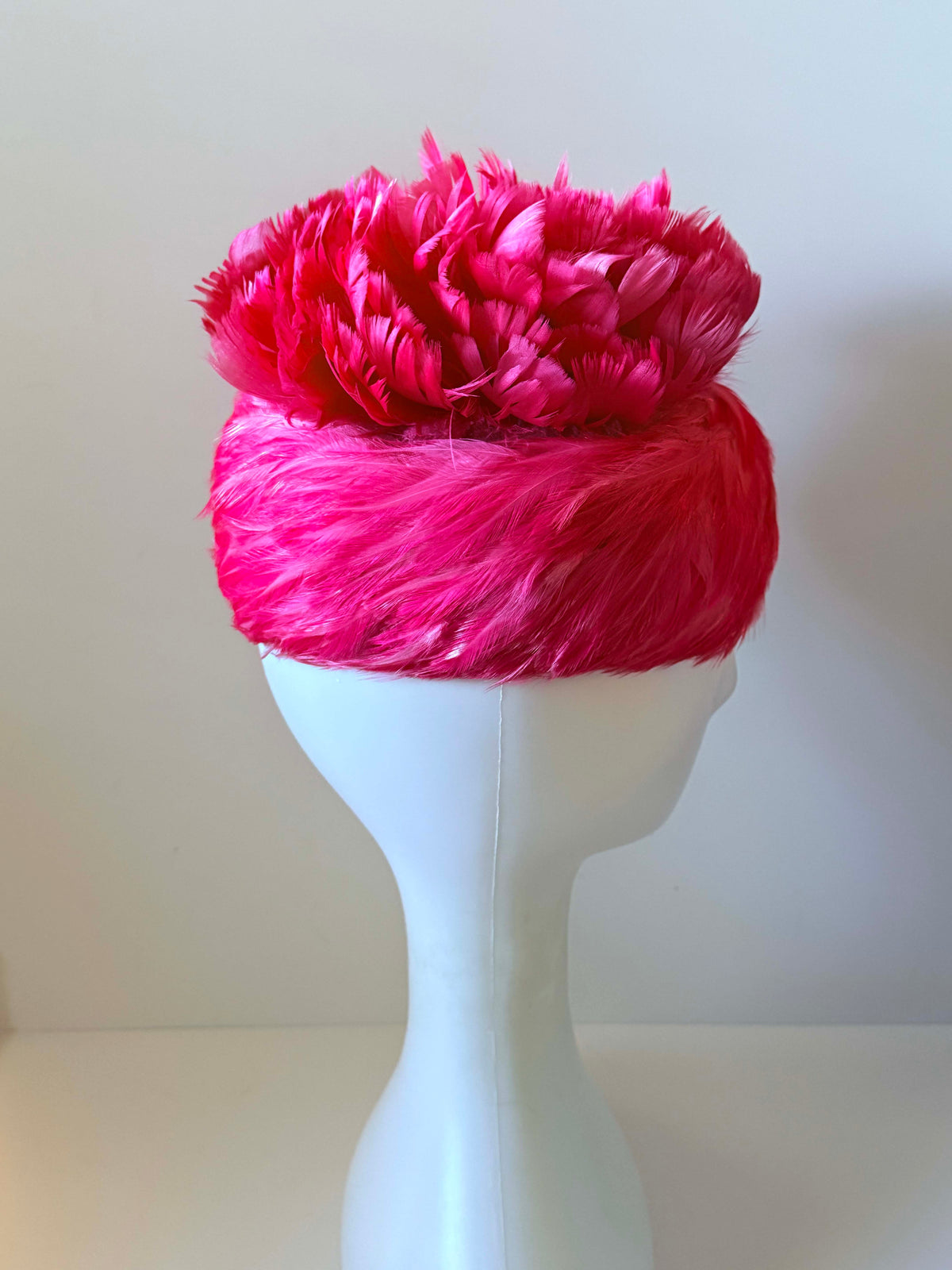 Vintage 1950s Hot Pink Feather Turban Hat Fuchsia Statement Cocktail Hat Mid Century Women's Millinery
