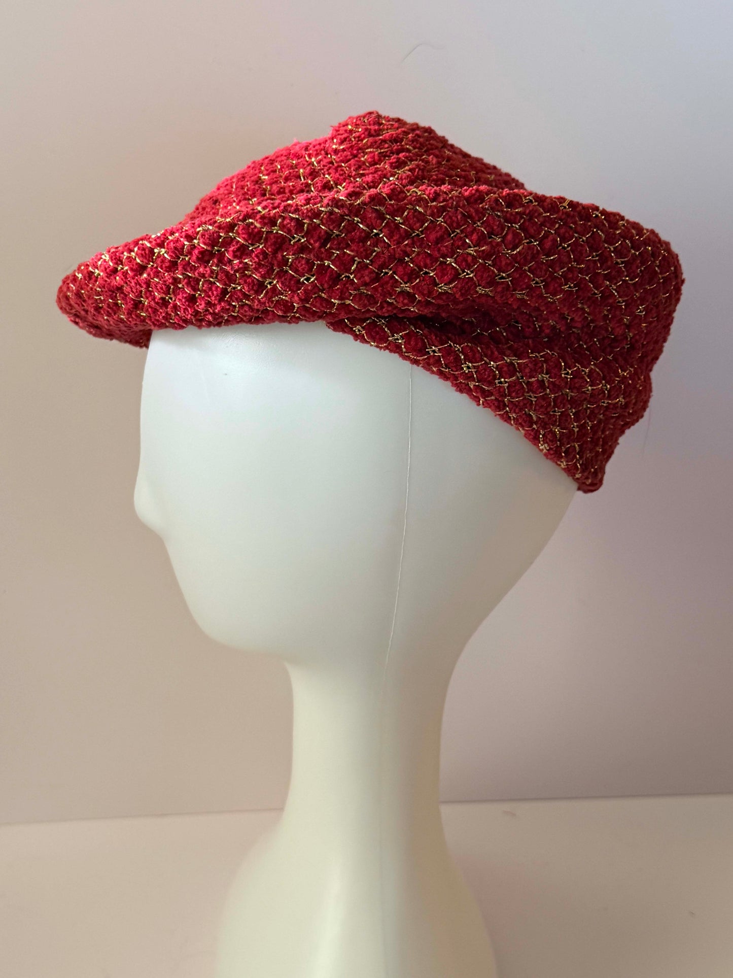 Vintage 1960s Gage New York Red Bouclé Hat / Gold Thread Cloche / Couture Holiday Statement Hat