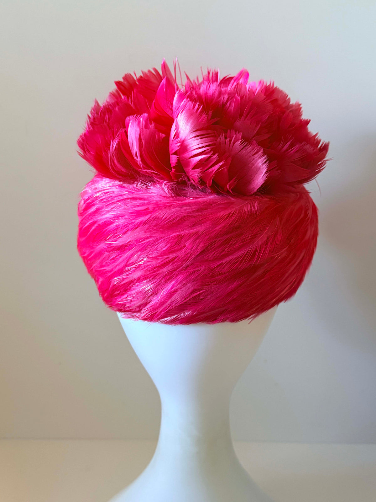 Vintage 1950s Hot Pink Feather Turban Hat Fuchsia Statement Cocktail Hat Mid Century Women's Millinery
