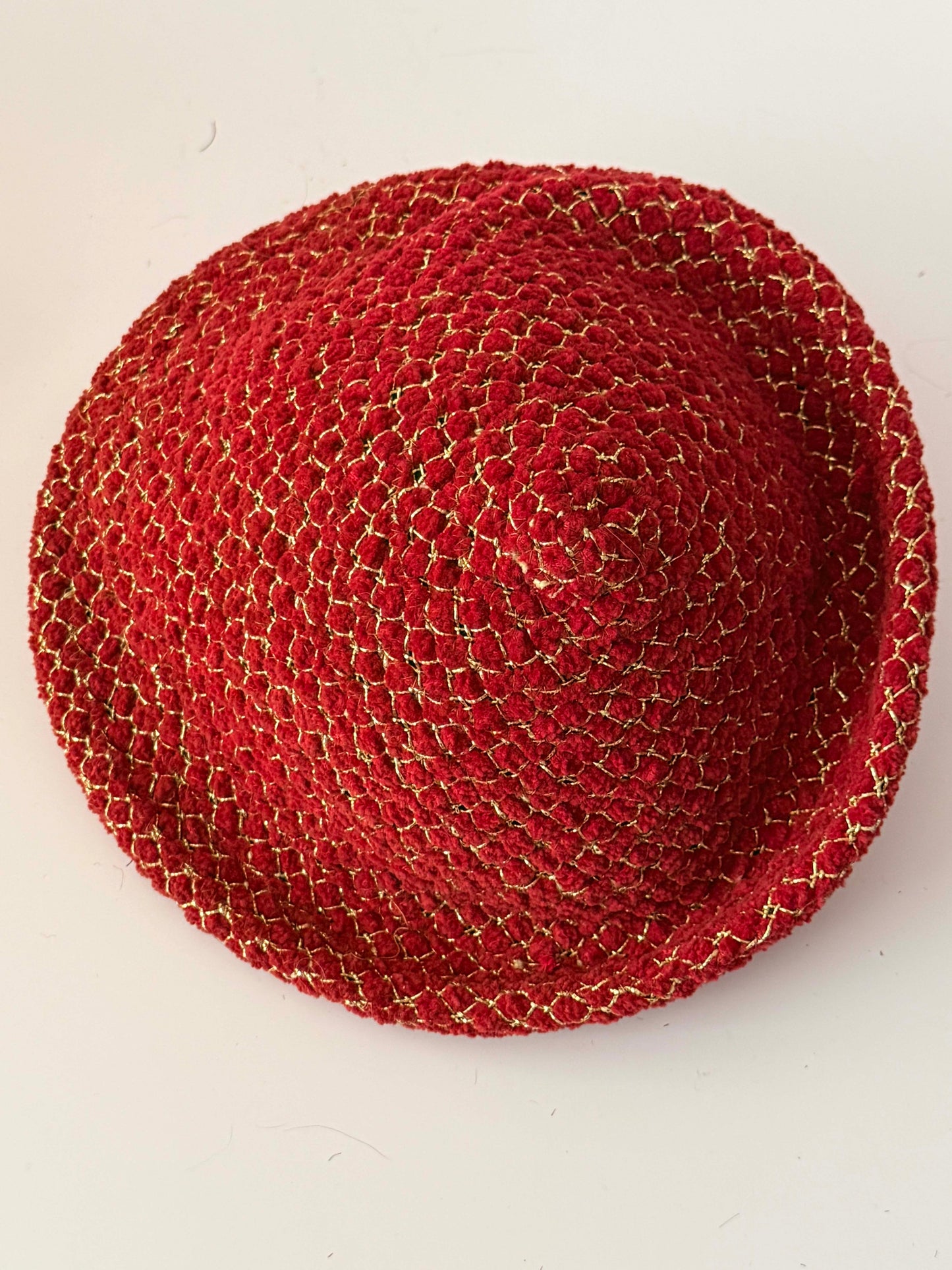 Vintage 1960s Gage New York Red Bouclé Hat / Gold Thread Cloche / Couture Holiday Statement Hat