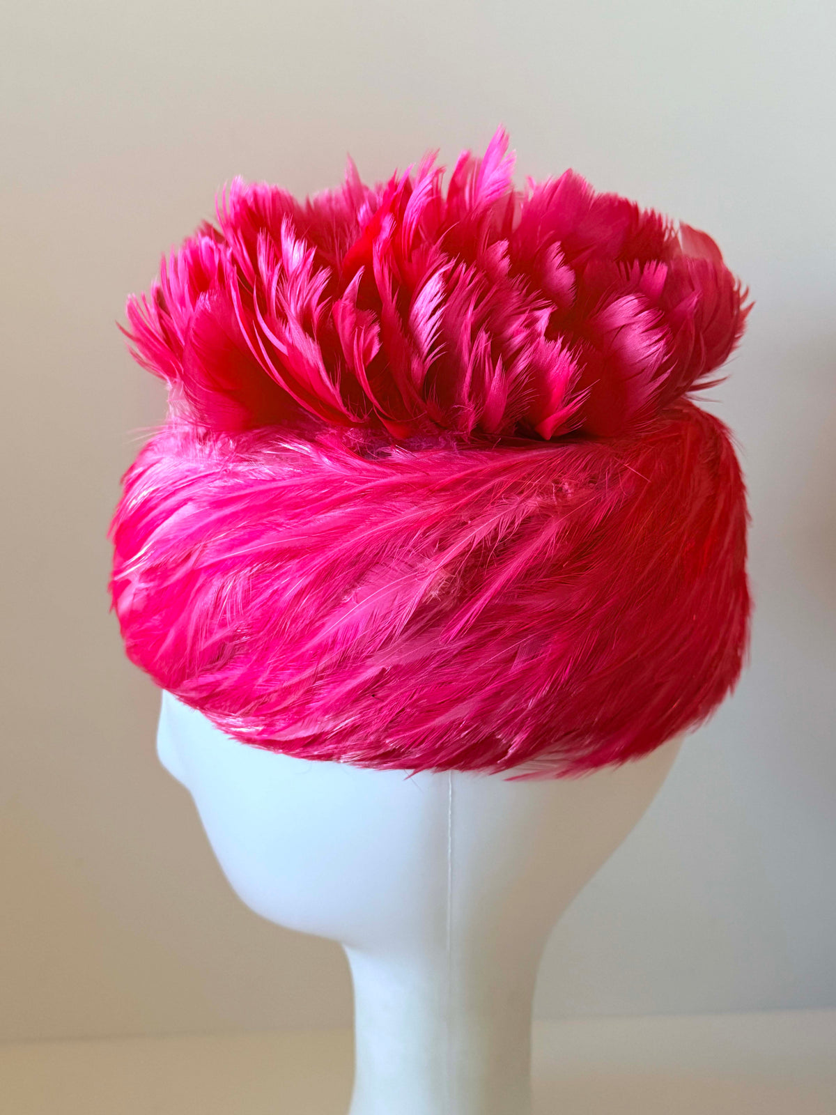 Vintage 1950s Hot Pink Feather Turban Hat Fuchsia Statement Cocktail Hat Mid Century Women's Millinery