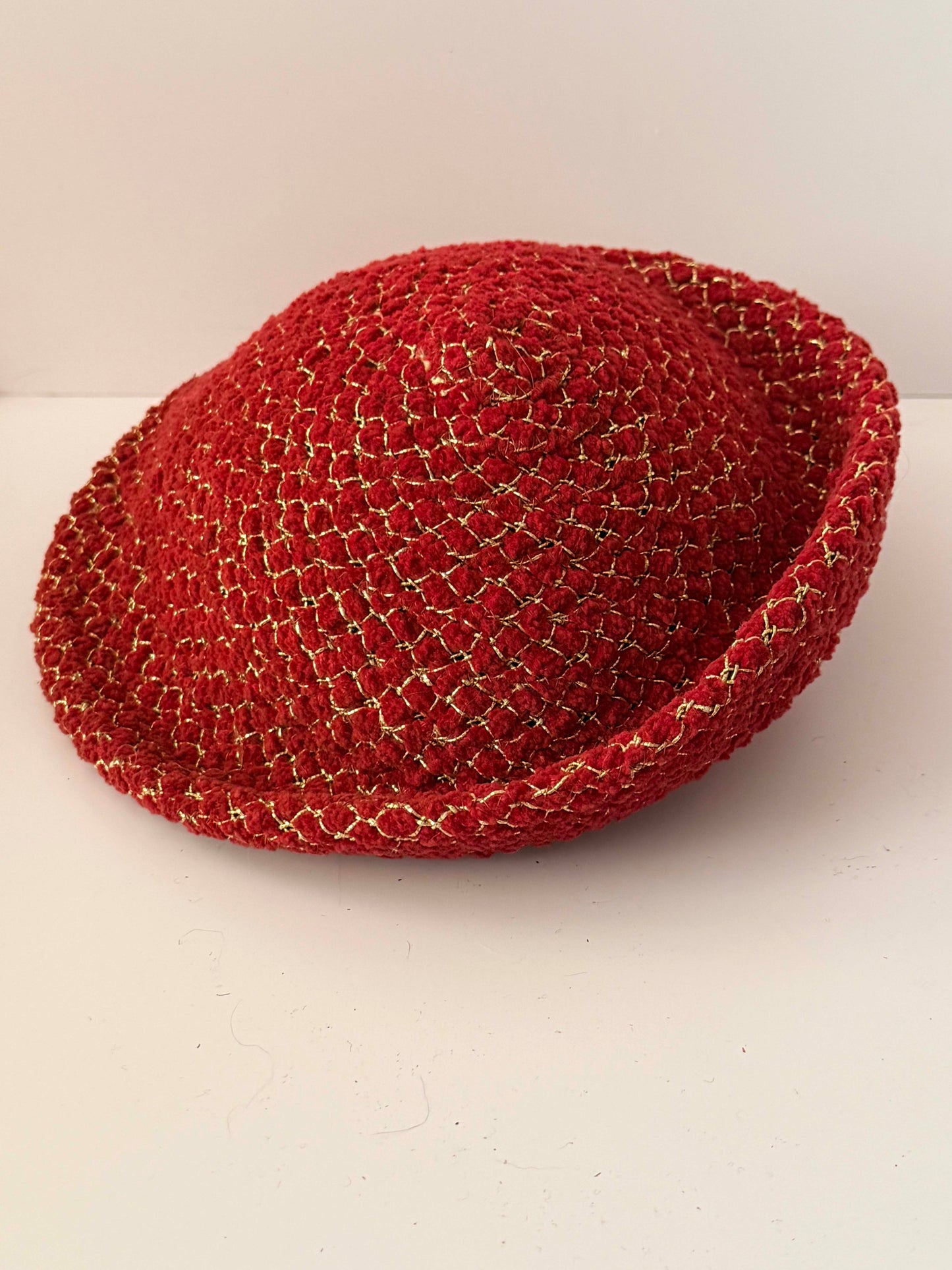 Vintage 1960s Gage New York Red Bouclé Hat / Gold Thread Cloche / Couture Holiday Statement Hat