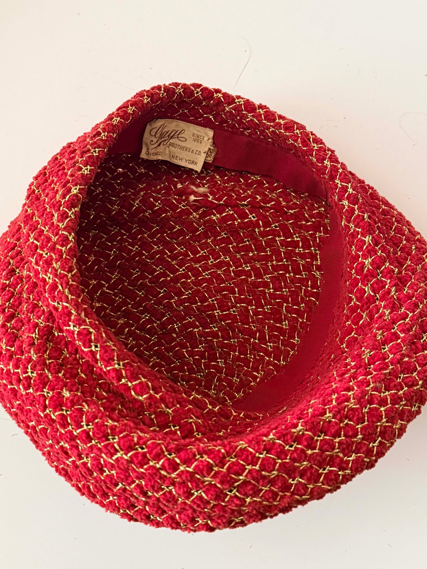 Vintage 1960s Gage New York Red Bouclé Hat / Gold Thread Cloche / Couture Holiday Statement Hat