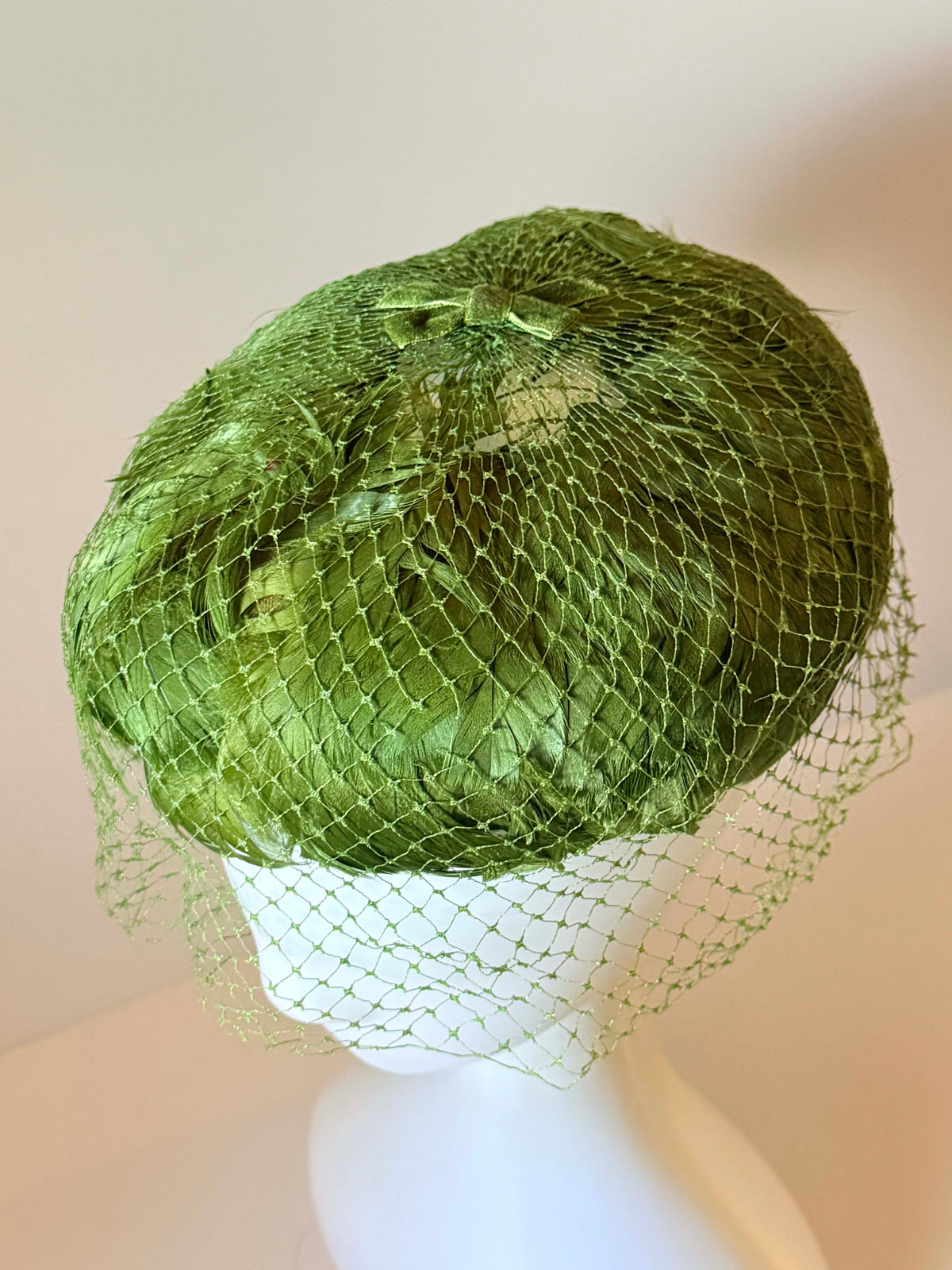 Vintage 1950s Olive Green Feather Pillbox Hat with Birdcage Veil | Mid Century Women's Cocktail Hat Bridal Millinery