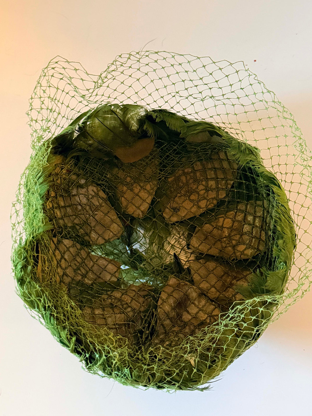 Vintage 1950s Olive Green Feather Pillbox Hat with Birdcage Veil | Mid Century Women's Cocktail Hat Bridal Millinery