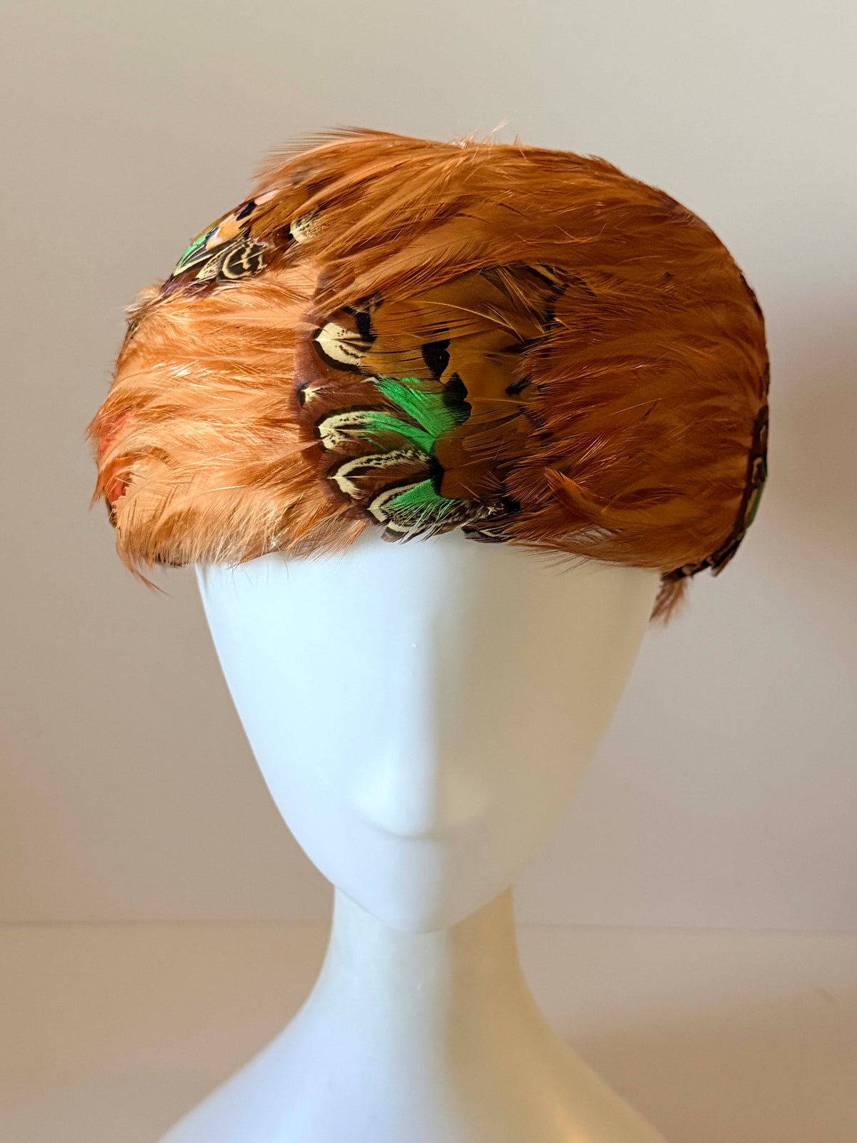 Vintage 1950s Feather Pillbox Hat Lucille Marden Copper Brown Pheasant Feathers Green Accents Mid Century Millinery