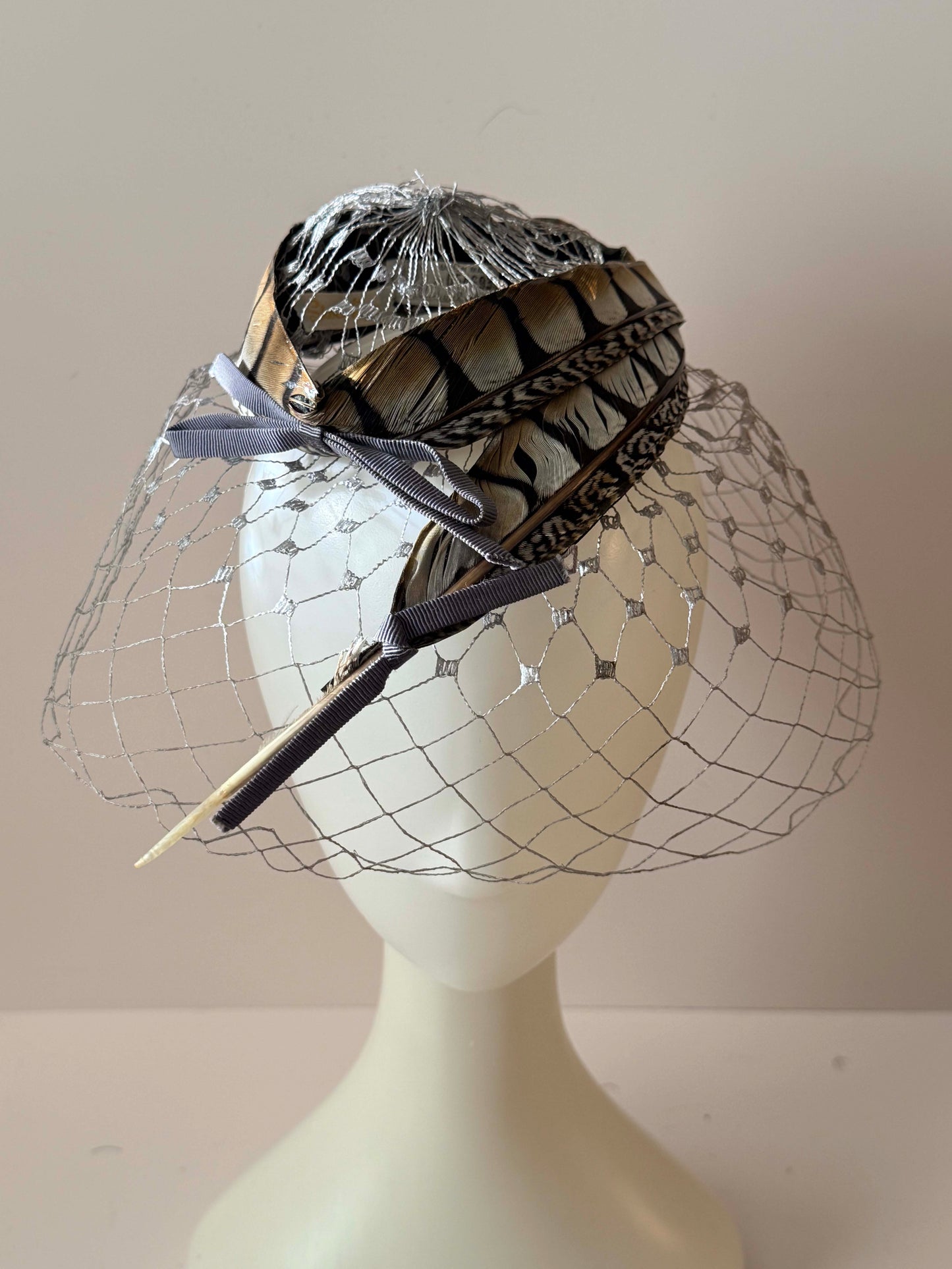 1950s Feather Fascinator Birdcage Veil Hat Black Brown Feather Cocktail Headpiece Mid Century Glam