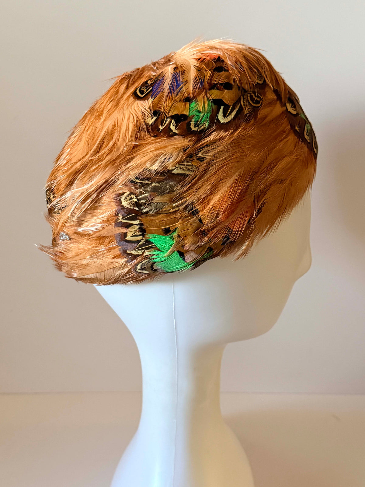 Vintage 1950s Feather Pillbox Hat Lucille Marden Copper Brown Pheasant Feathers Green Accents Mid Century Millinery