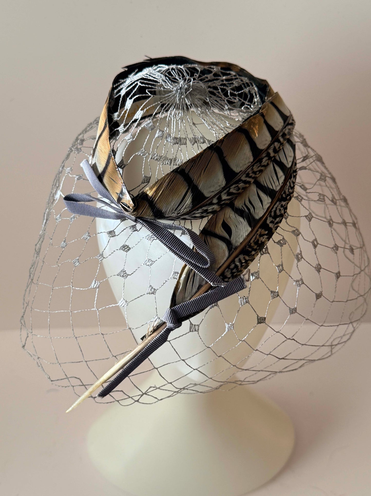 1950s Feather Fascinator Birdcage Veil Hat Black Brown Feather Cocktail Headpiece Mid Century Glam
