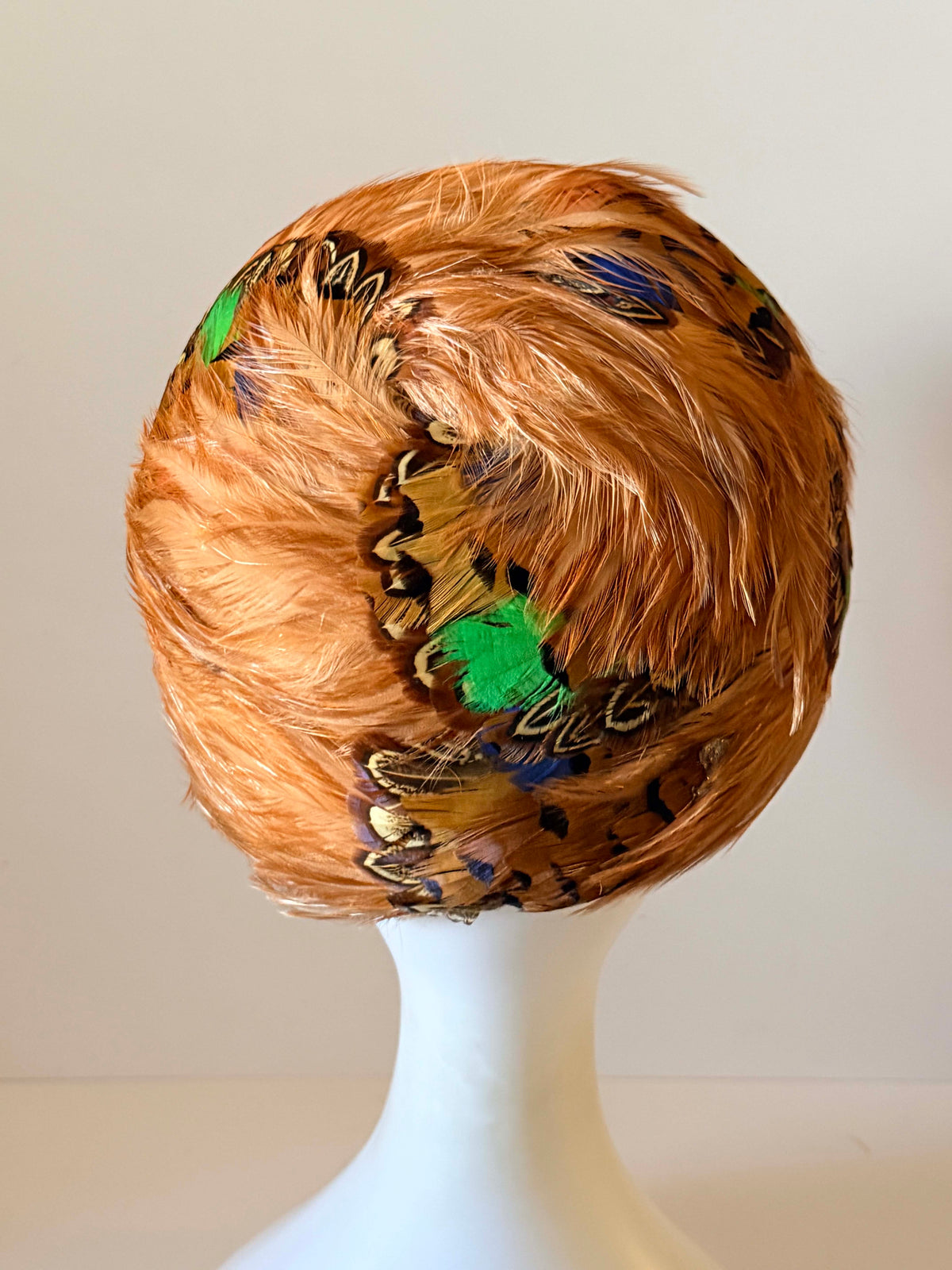 Vintage 1950s Feather Pillbox Hat Lucille Marden Copper Brown Pheasant Feathers Green Accents Mid Century Millinery