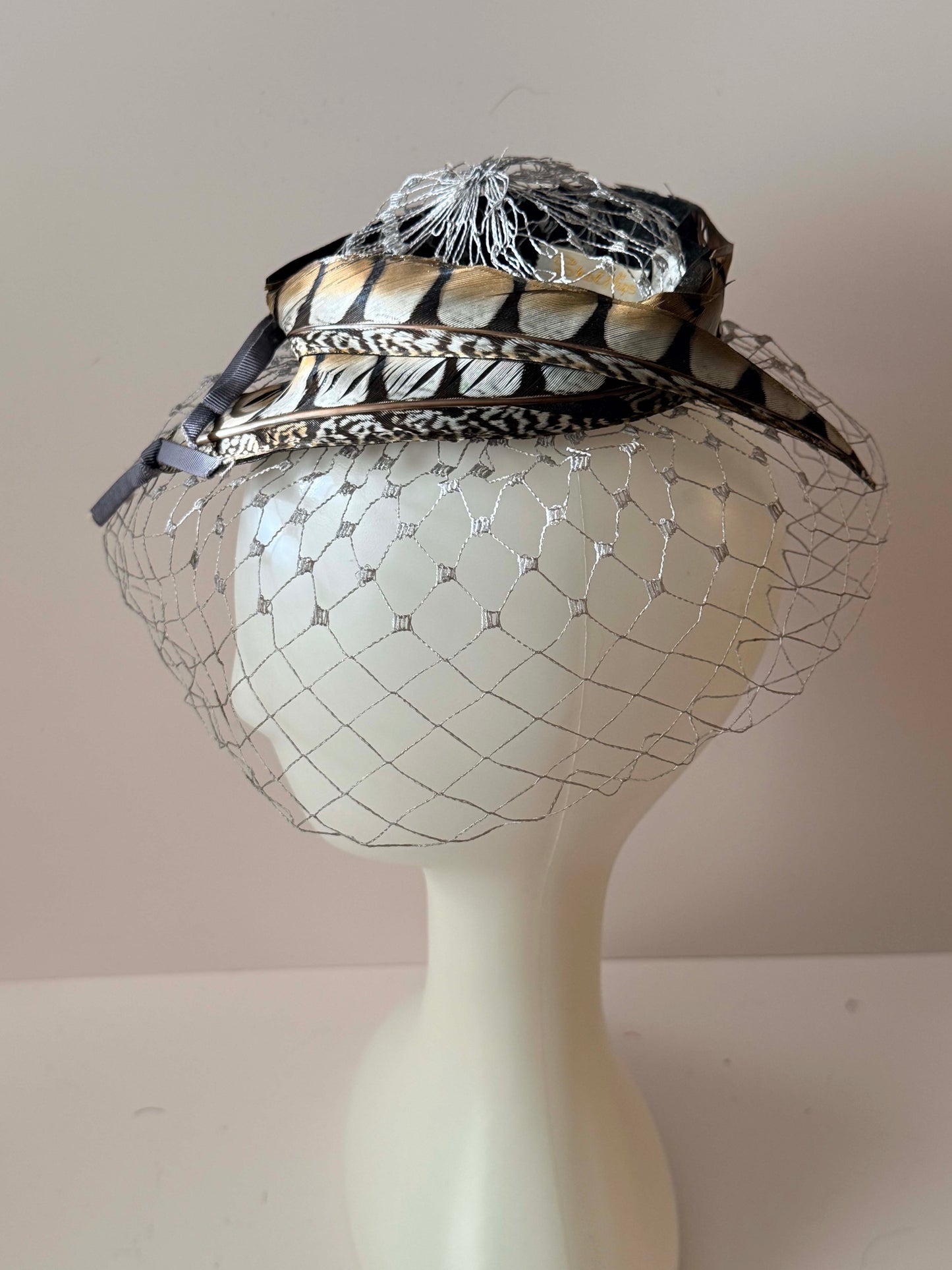 1950s Feather Fascinator Birdcage Veil Hat Black Brown Feather Cocktail Headpiece Mid Century Glam