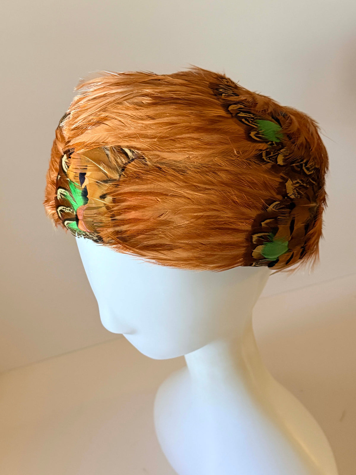 Vintage 1950s Feather Pillbox Hat Lucille Marden Copper Brown Pheasant Feathers Green Accents Mid Century Millinery
