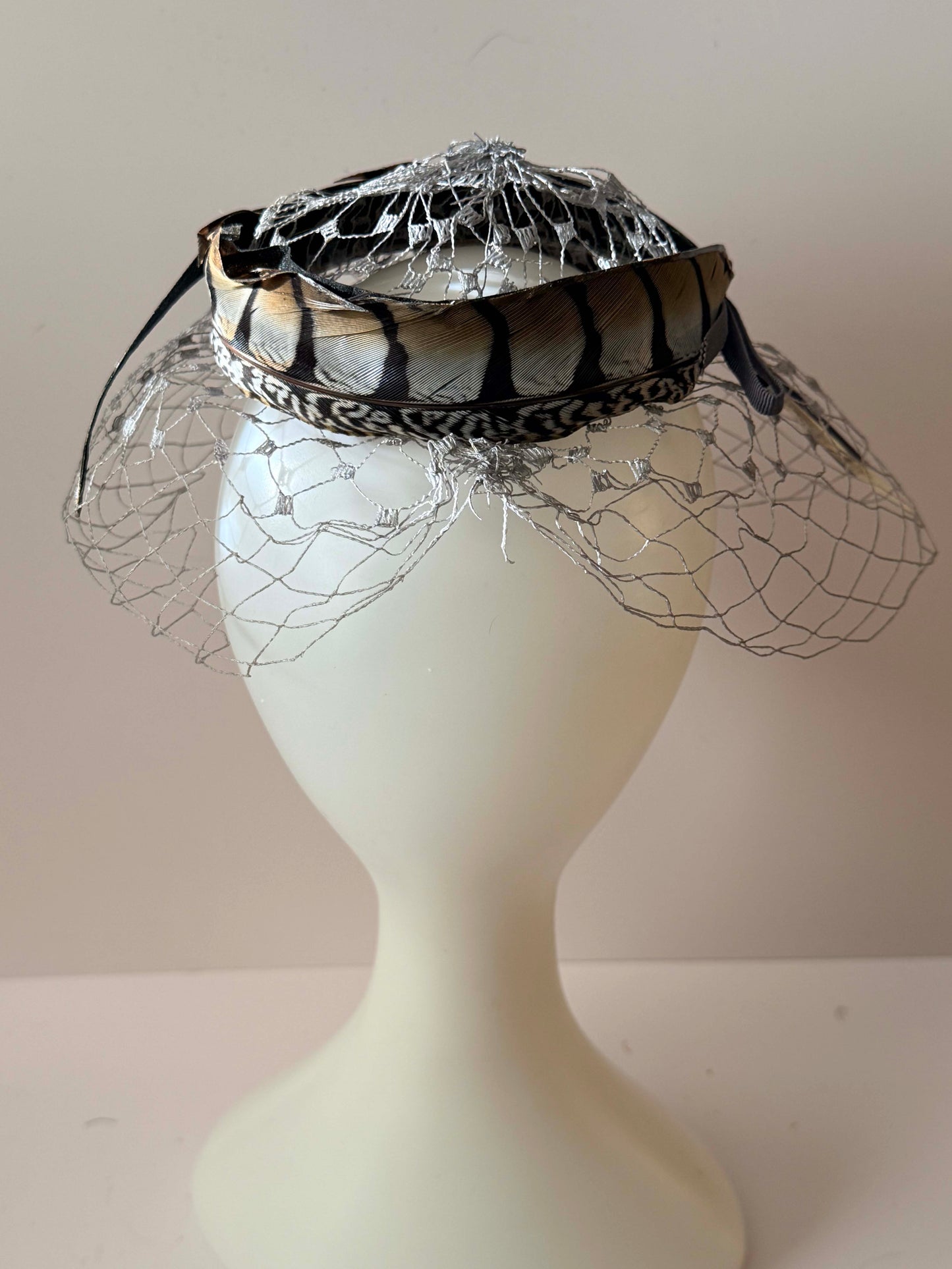 1950s Feather Fascinator Birdcage Veil Hat Black Brown Feather Cocktail Headpiece Mid Century Glam