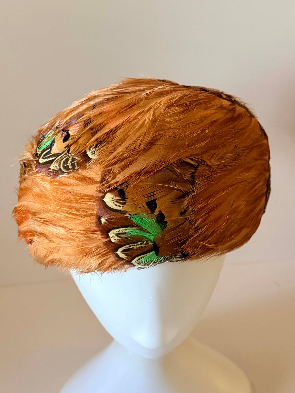 Vintage 1950s Feather Pillbox Hat Lucille Marden Copper Brown Pheasant Feathers Green Accents Mid Century Millinery