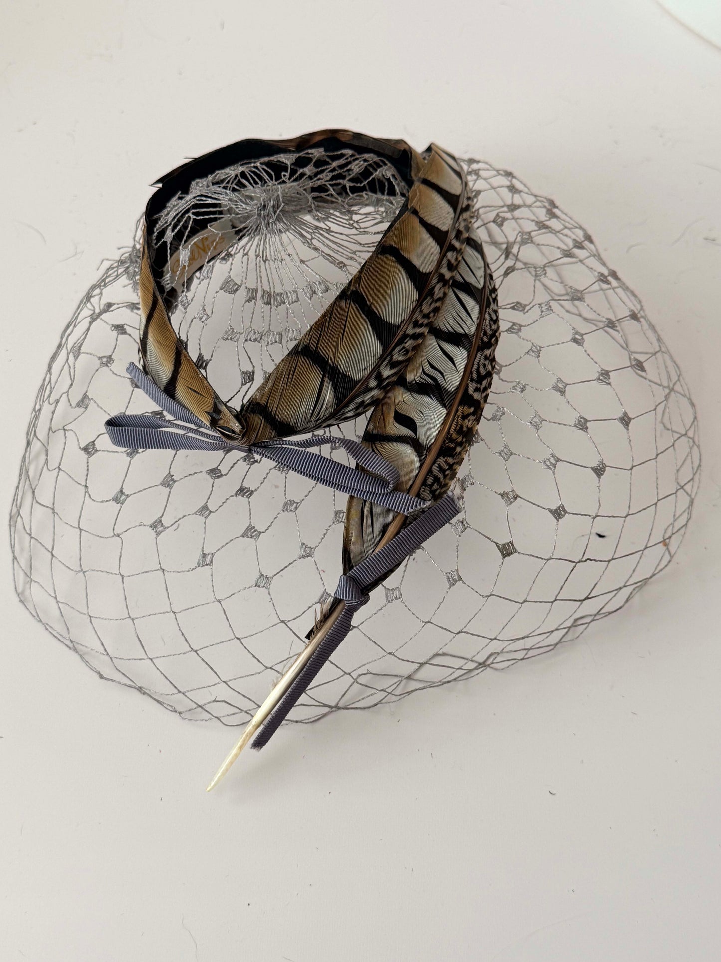 1950s Feather Fascinator Birdcage Veil Hat Black Brown Feather Cocktail Headpiece Mid Century Glam