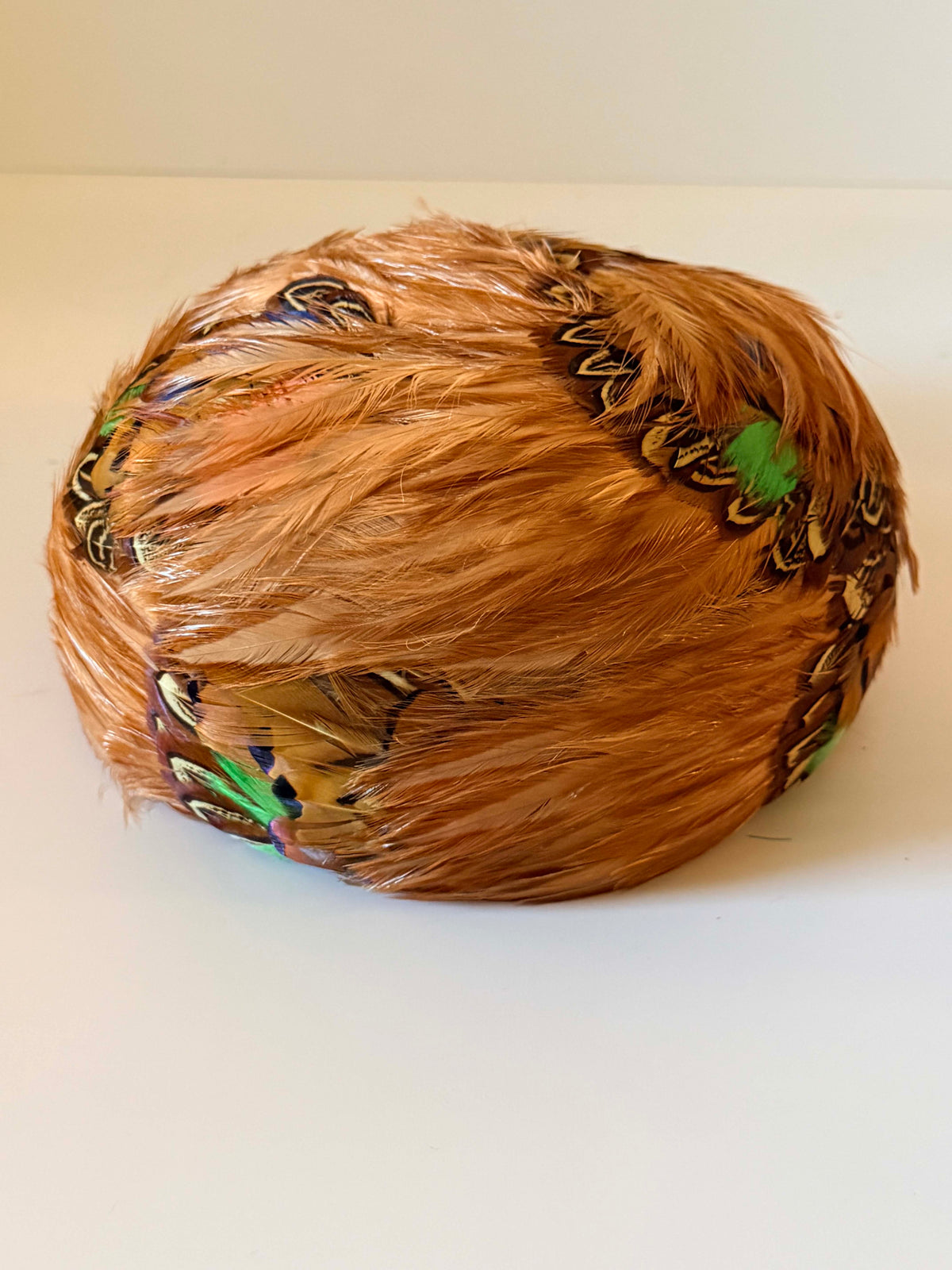Vintage 1950s Feather Pillbox Hat Lucille Marden Copper Brown Pheasant Feathers Green Accents Mid Century Millinery