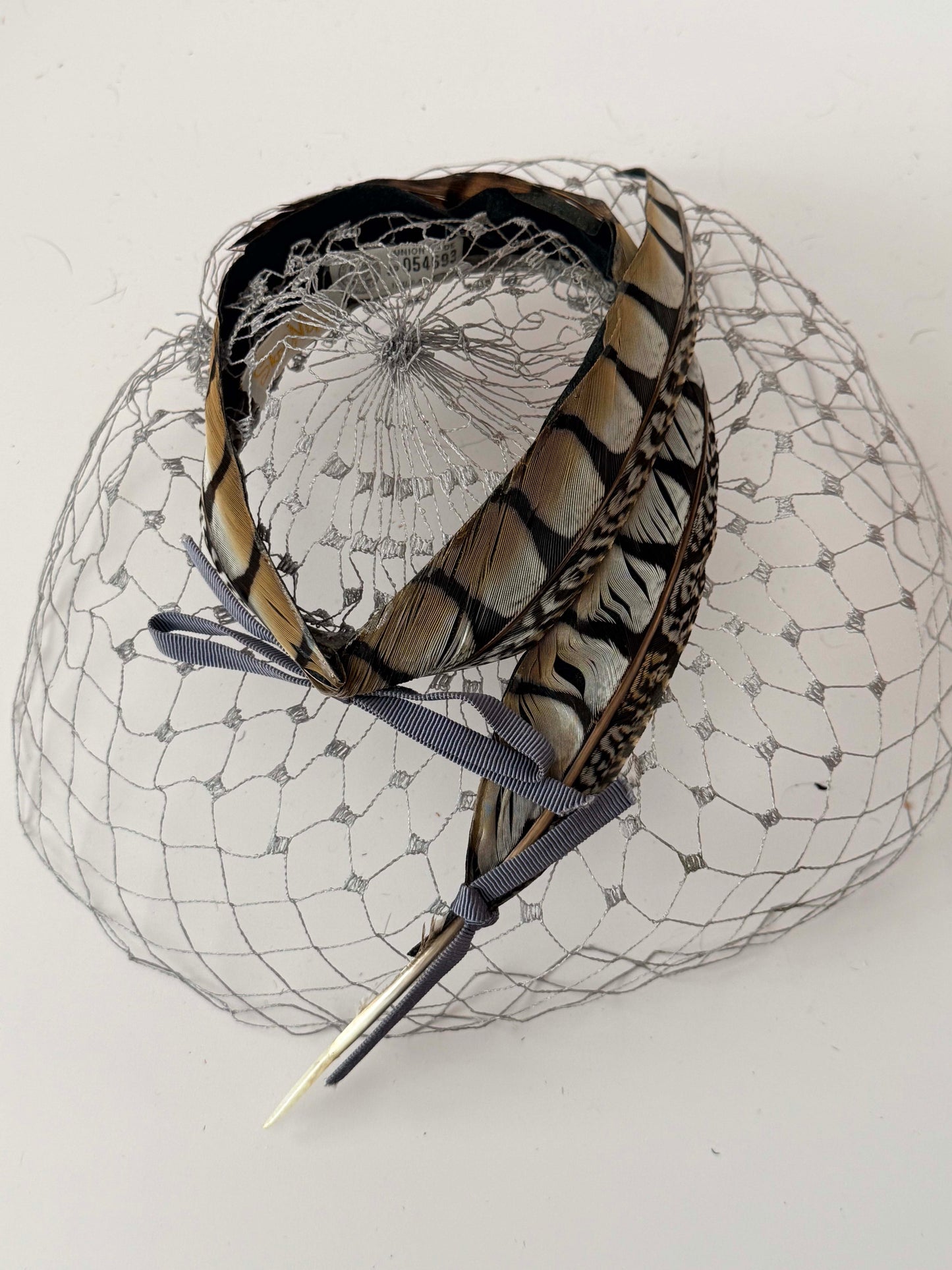 1950s Feather Fascinator Birdcage Veil Hat Black Brown Feather Cocktail Headpiece Mid Century Glam