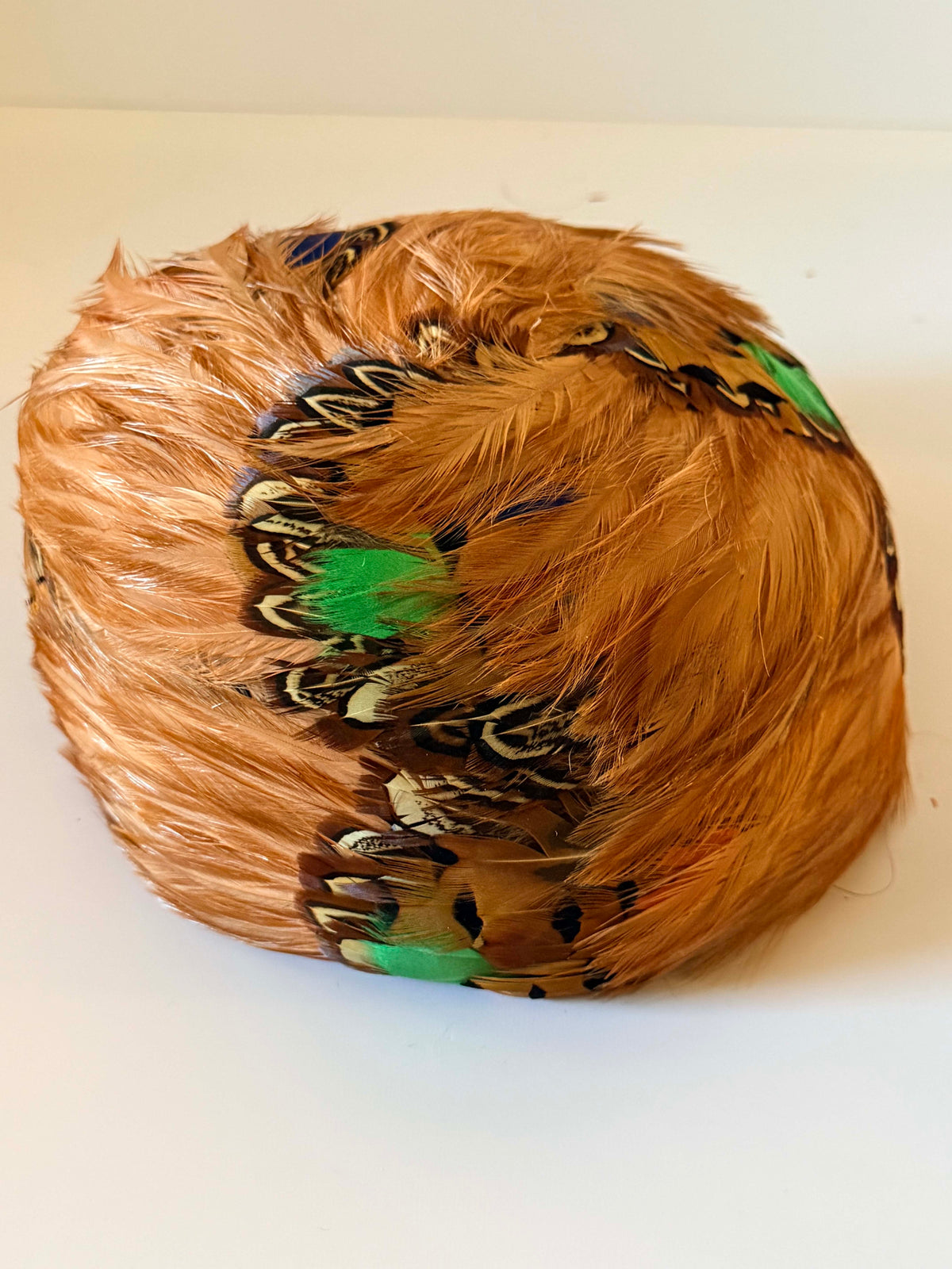 Vintage 1950s Feather Pillbox Hat Lucille Marden Copper Brown Pheasant Feathers Green Accents Mid Century Millinery