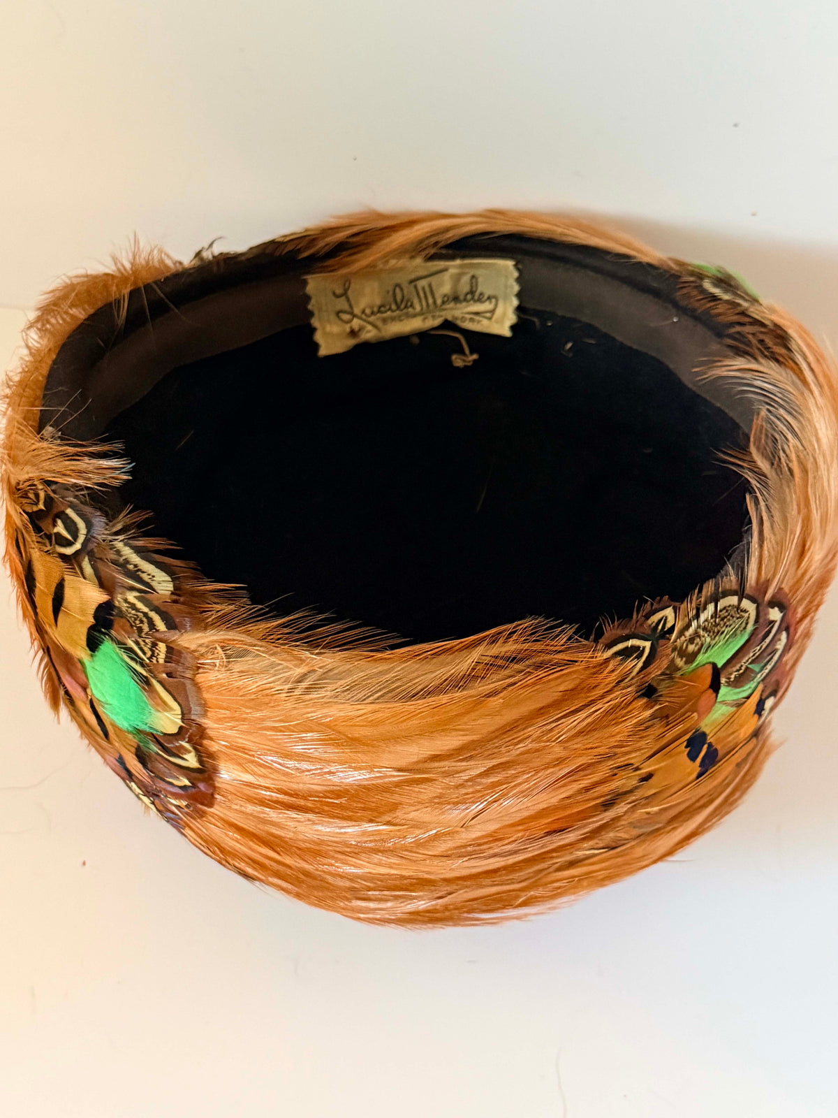 Vintage 1950s Feather Pillbox Hat Lucille Marden Copper Brown Pheasant Feathers Green Accents Mid Century Millinery