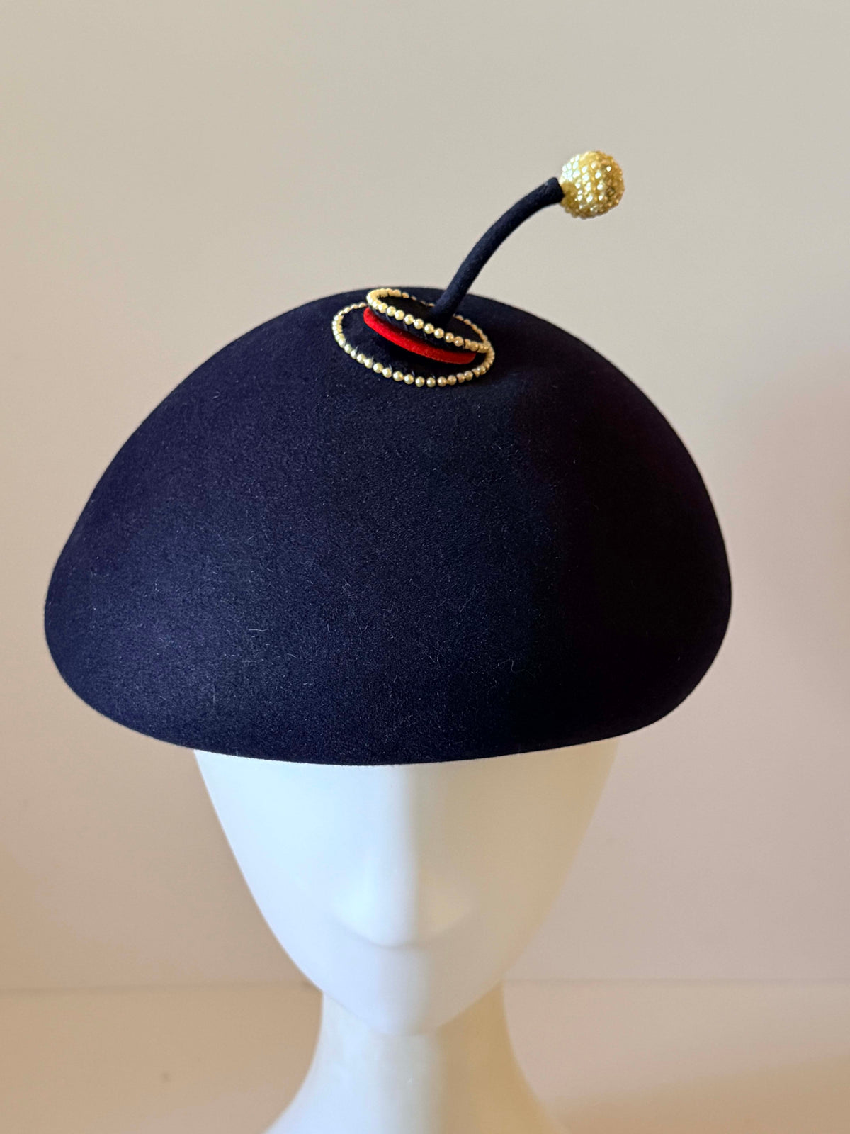 Vintage 1950s Navy Blue Wool Felt Beret Pearl Beaded Topper Whimsical Mid Century Designer Style Women's Hat