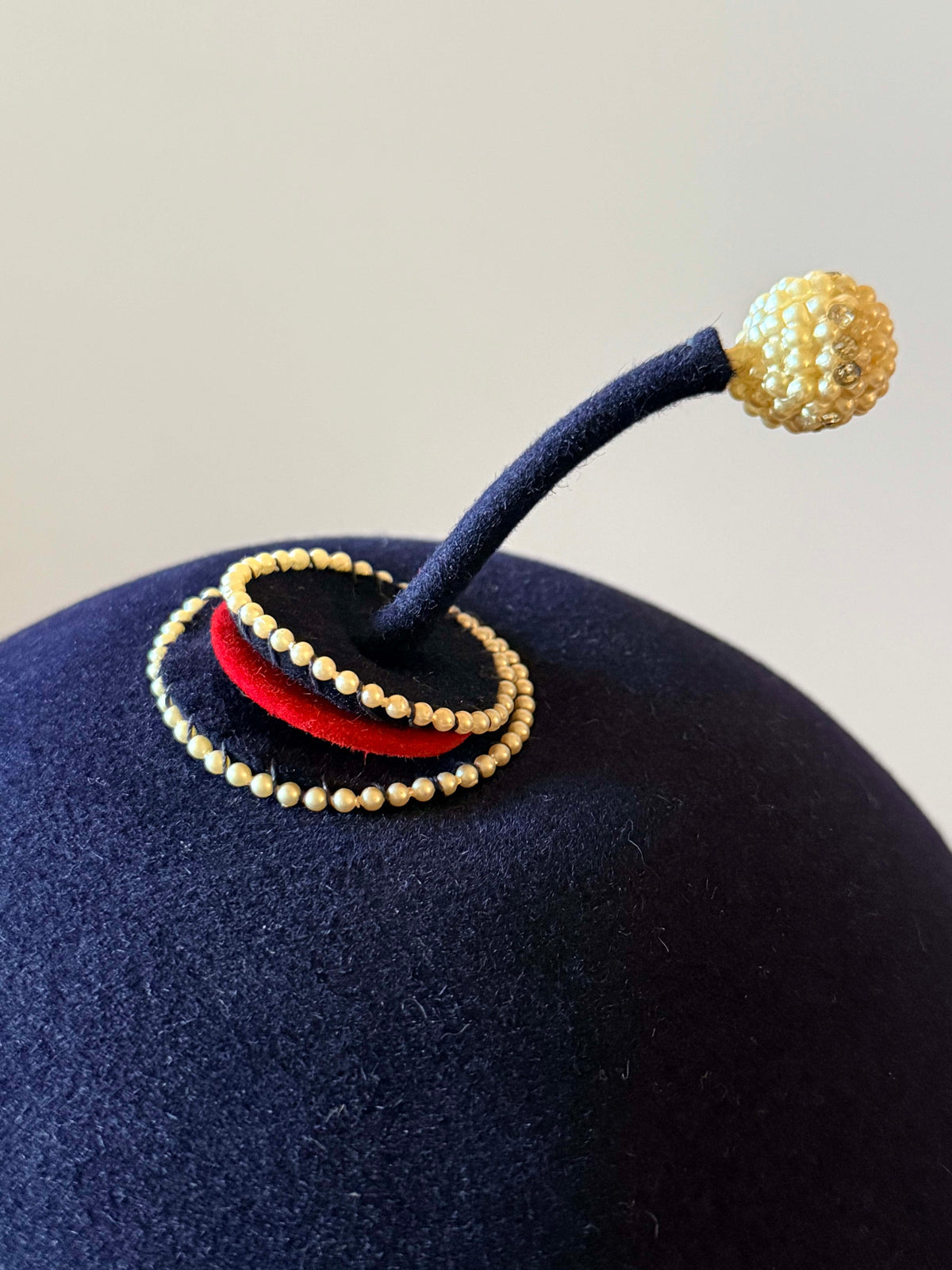 Vintage 1950s Navy Blue Wool Felt Beret Pearl Beaded Topper Whimsical Mid Century Designer Style Women's Hat