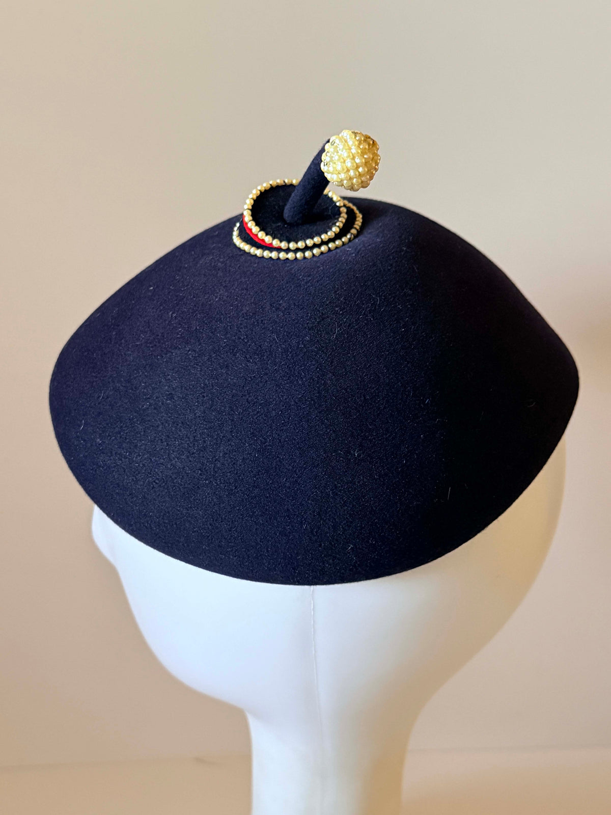 Vintage 1950s Navy Blue Wool Felt Beret Pearl Beaded Topper Whimsical Mid Century Designer Style Women's Hat