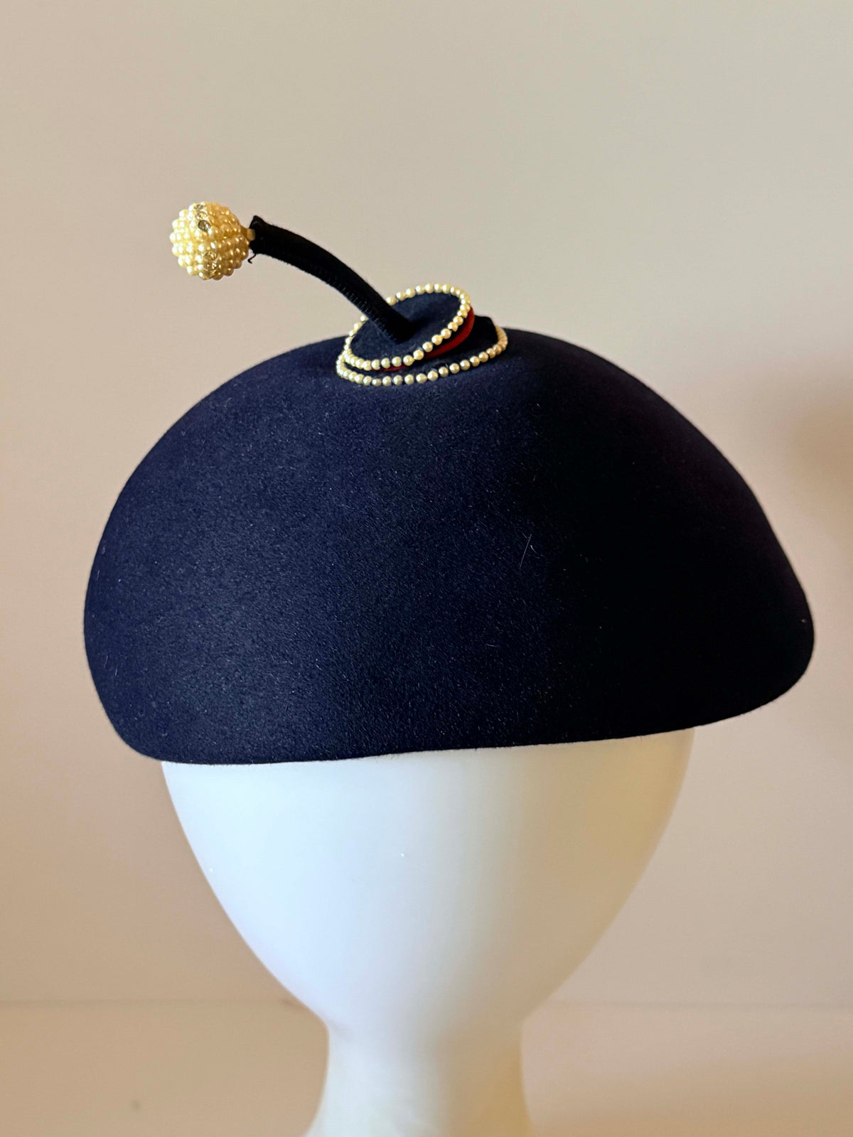 Vintage 1950s Navy Blue Wool Felt Beret Pearl Beaded Topper Whimsical Mid Century Designer Style Women's Hat
