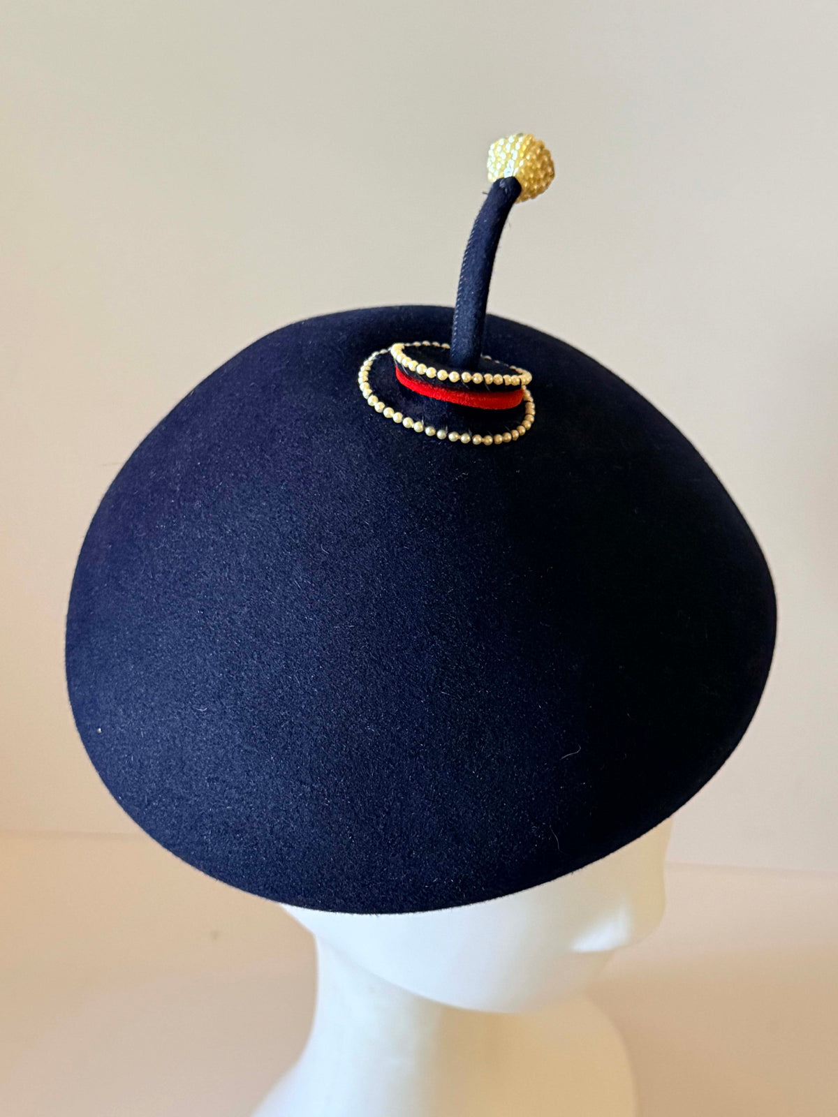 Vintage 1950s Navy Blue Wool Felt Beret Pearl Beaded Topper Whimsical Mid Century Designer Style Women's Hat