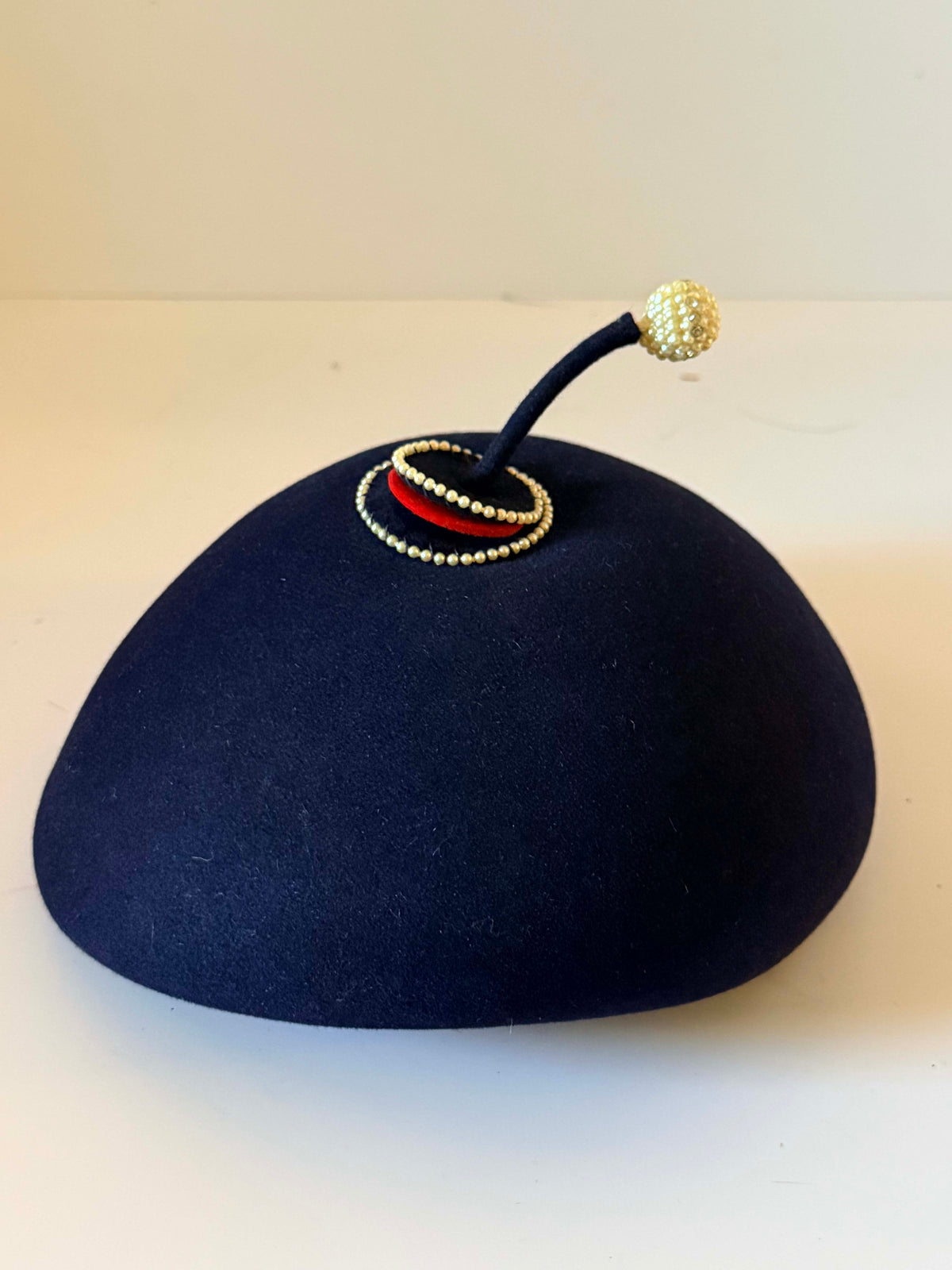 Vintage 1950s Navy Blue Wool Felt Beret Pearl Beaded Topper Whimsical Mid Century Designer Style Women's Hat