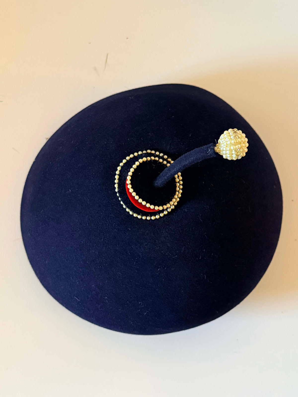 Vintage 1950s Navy Blue Wool Felt Beret Pearl Beaded Topper Whimsical Mid Century Designer Style Women's Hat
