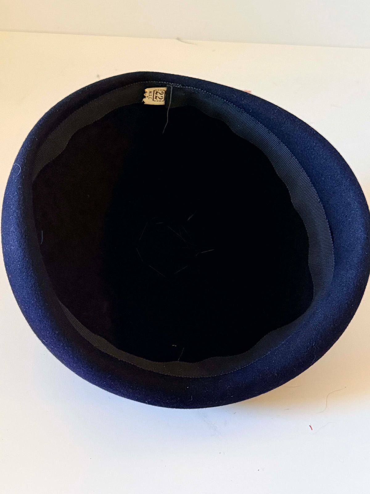Vintage 1950s Navy Blue Wool Felt Beret Pearl Beaded Topper Whimsical Mid Century Designer Style Women's Hat