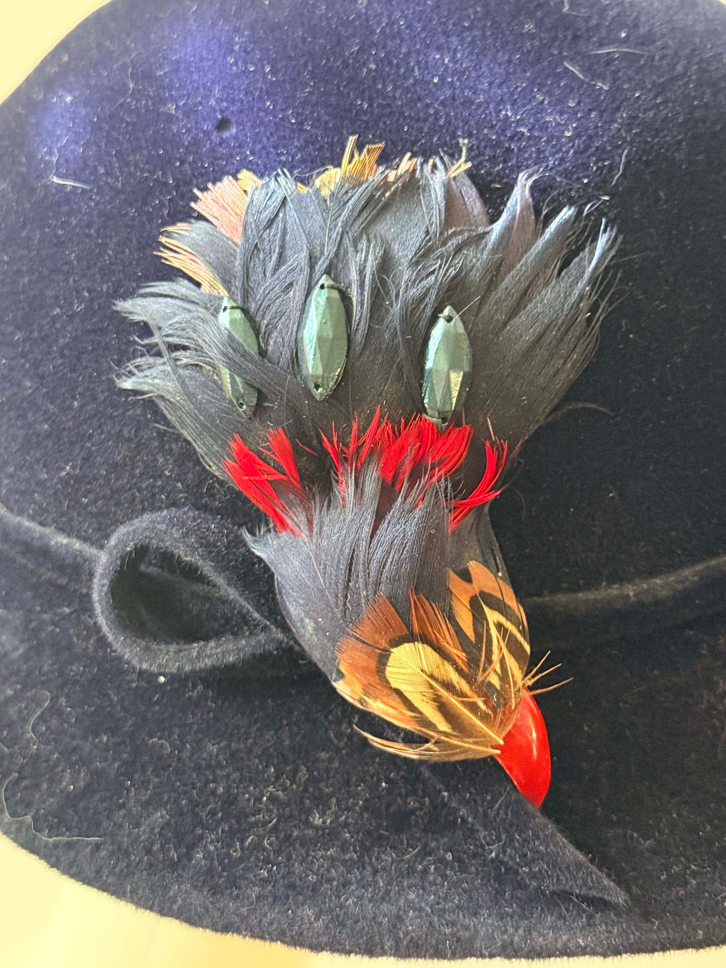 Vintage 1950s French Velvet Cloche Hat / Argence for G Fox & Co / Black Navy Velour Hat with Feather Jewel Trim