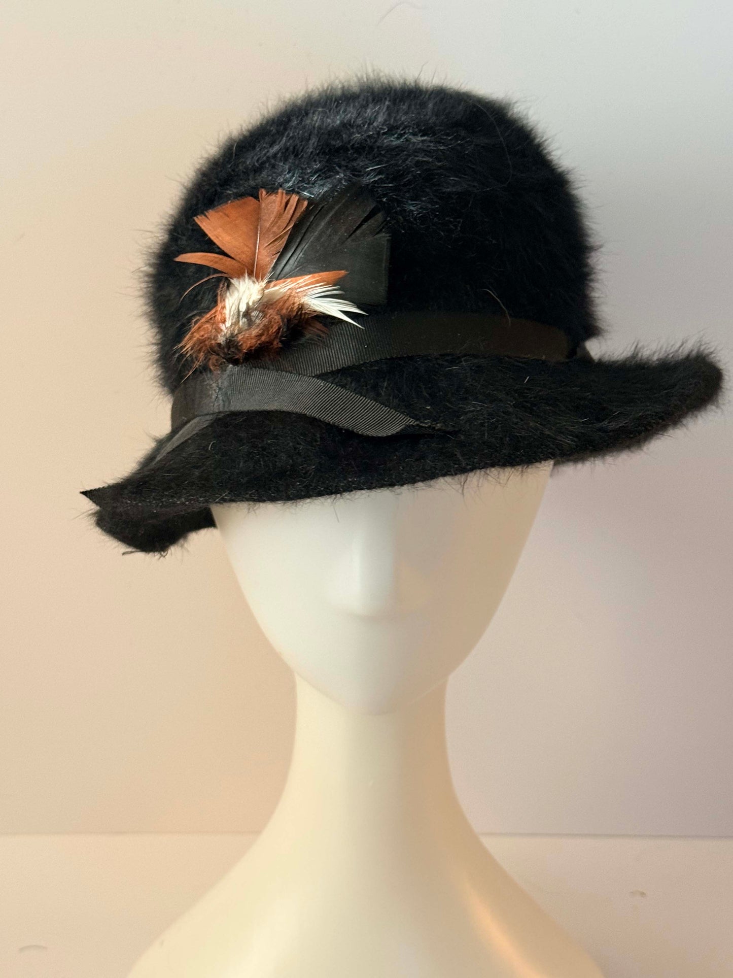 Vintage 1960s Black Faux Fur Cloche Hat with Feather Trim / Mod Winter Cocktail Hat