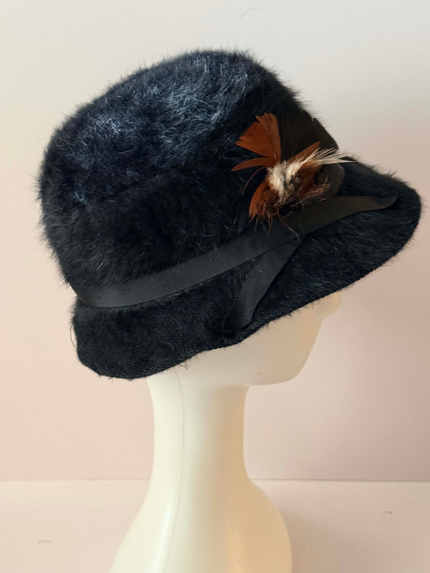 Vintage 1960s Black Faux Fur Cloche Hat with Feather Trim / Mod Winter Cocktail Hat