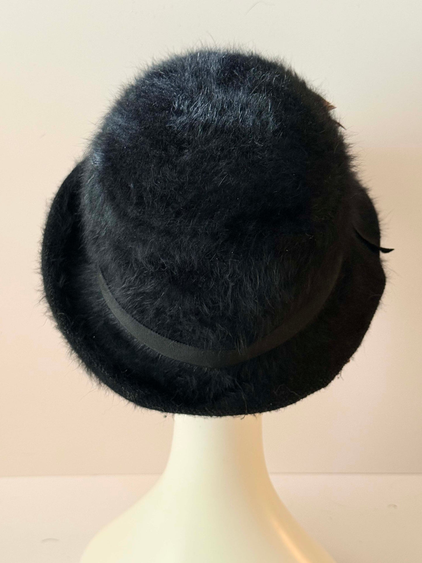 Vintage 1960s Black Faux Fur Cloche Hat with Feather Trim / Mod Winter Cocktail Hat