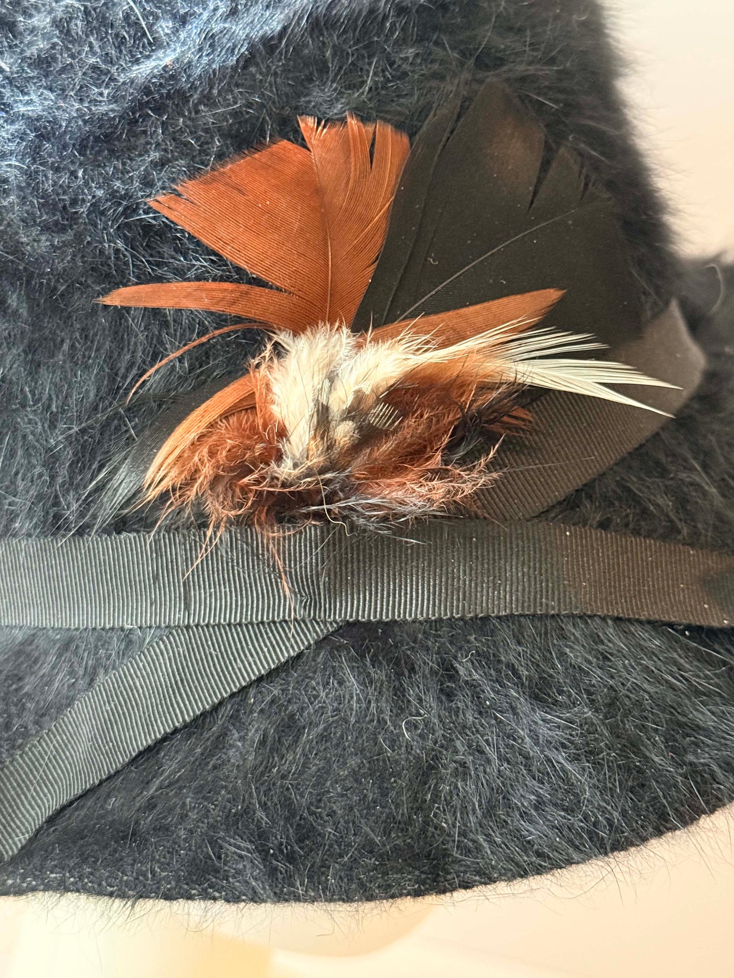 Vintage 1960s Black Faux Fur Cloche Hat with Feather Trim / Mod Winter Cocktail Hat