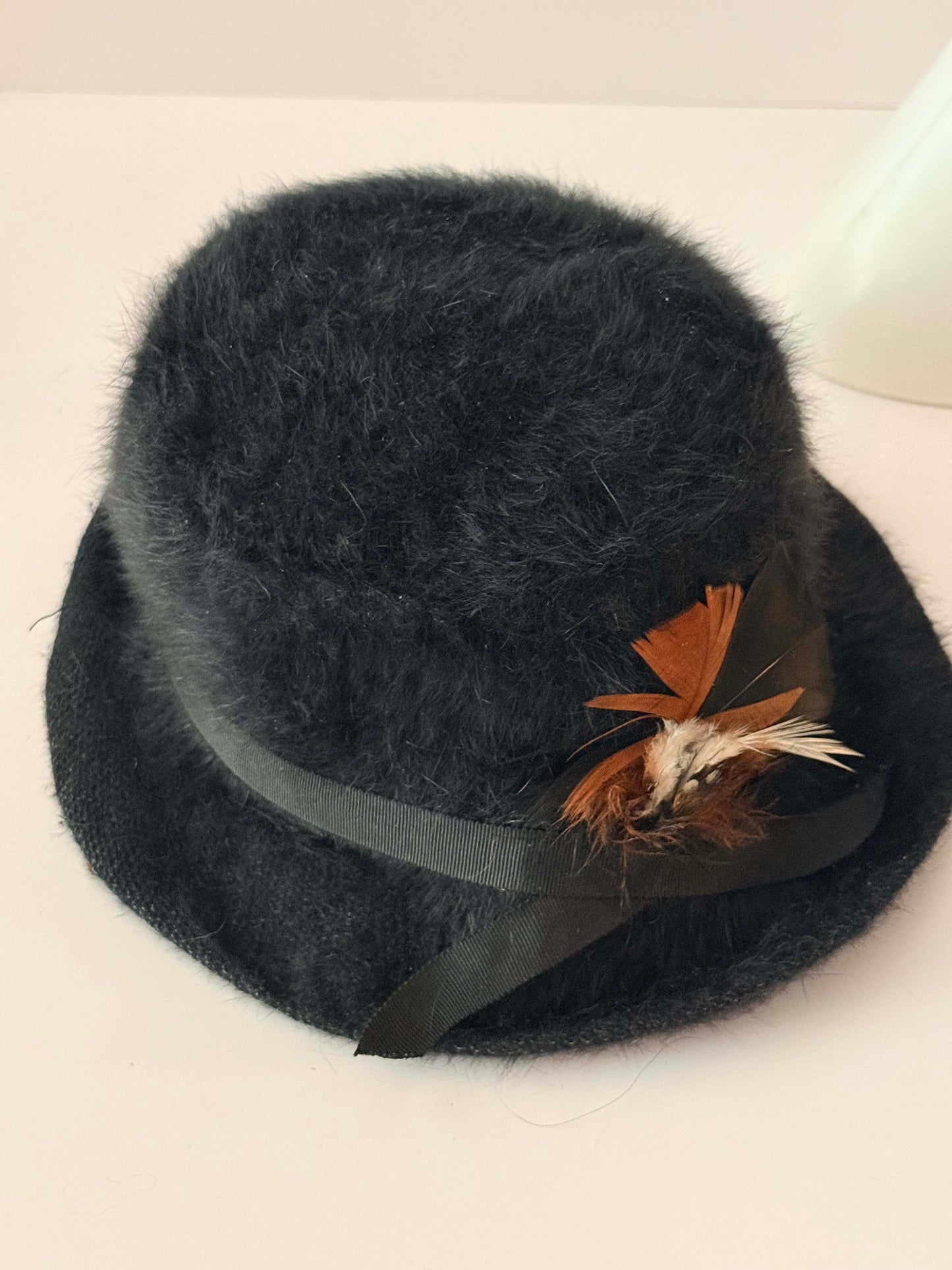 Vintage 1960s Black Faux Fur Cloche Hat with Feather Trim / Mod Winter Cocktail Hat