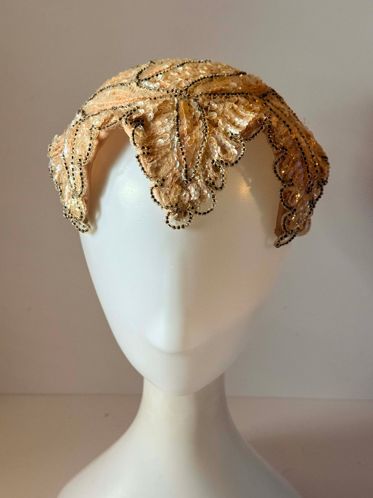 Vintage 1950s Champagne Sequin Half Hat Livingston Bros Gold Beaded Scalloped Bridal Showgirl Headpiece